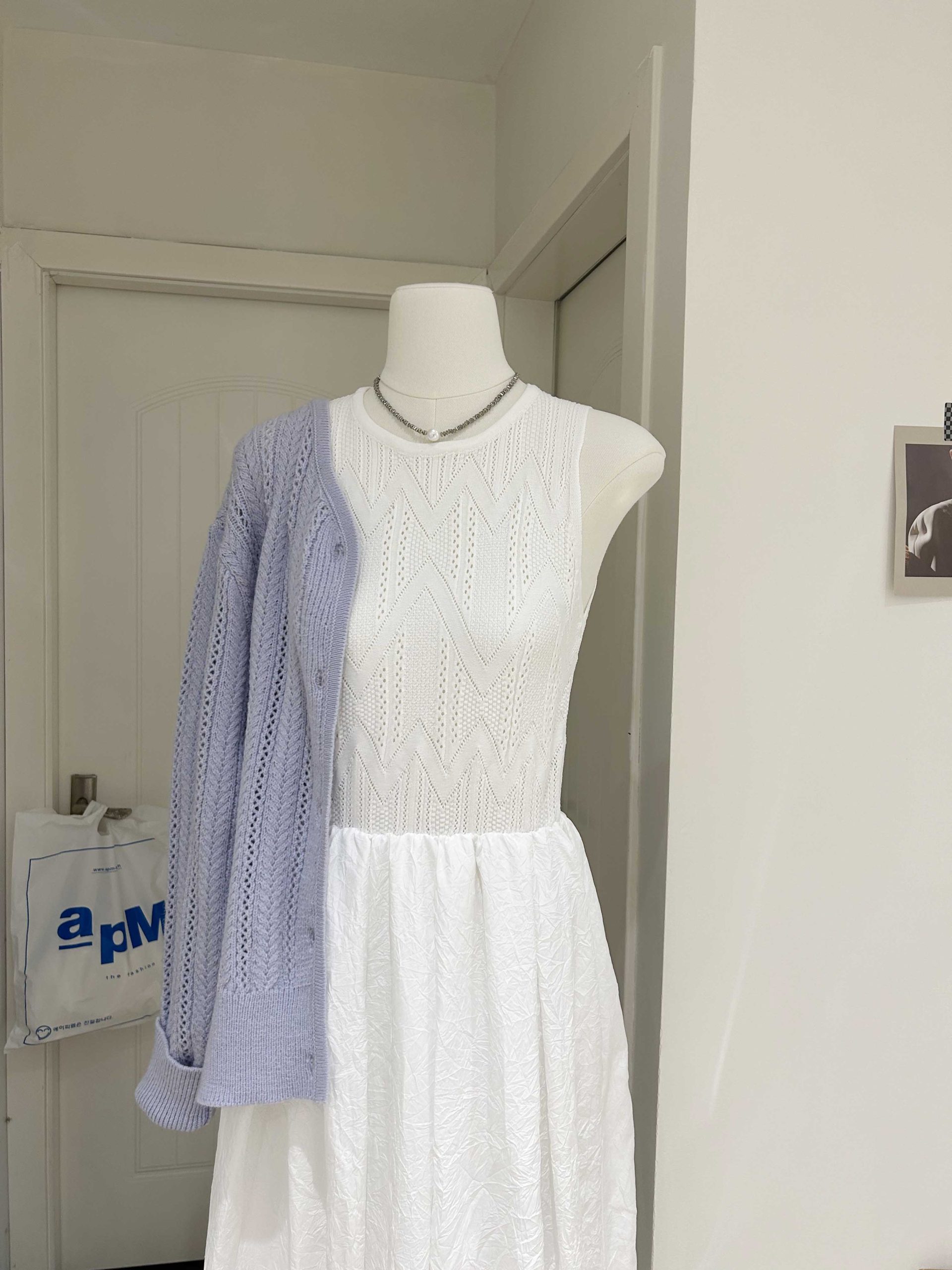 Knit Patchwork White Moonlight Dress with Blue Cardigan Set - Image 3