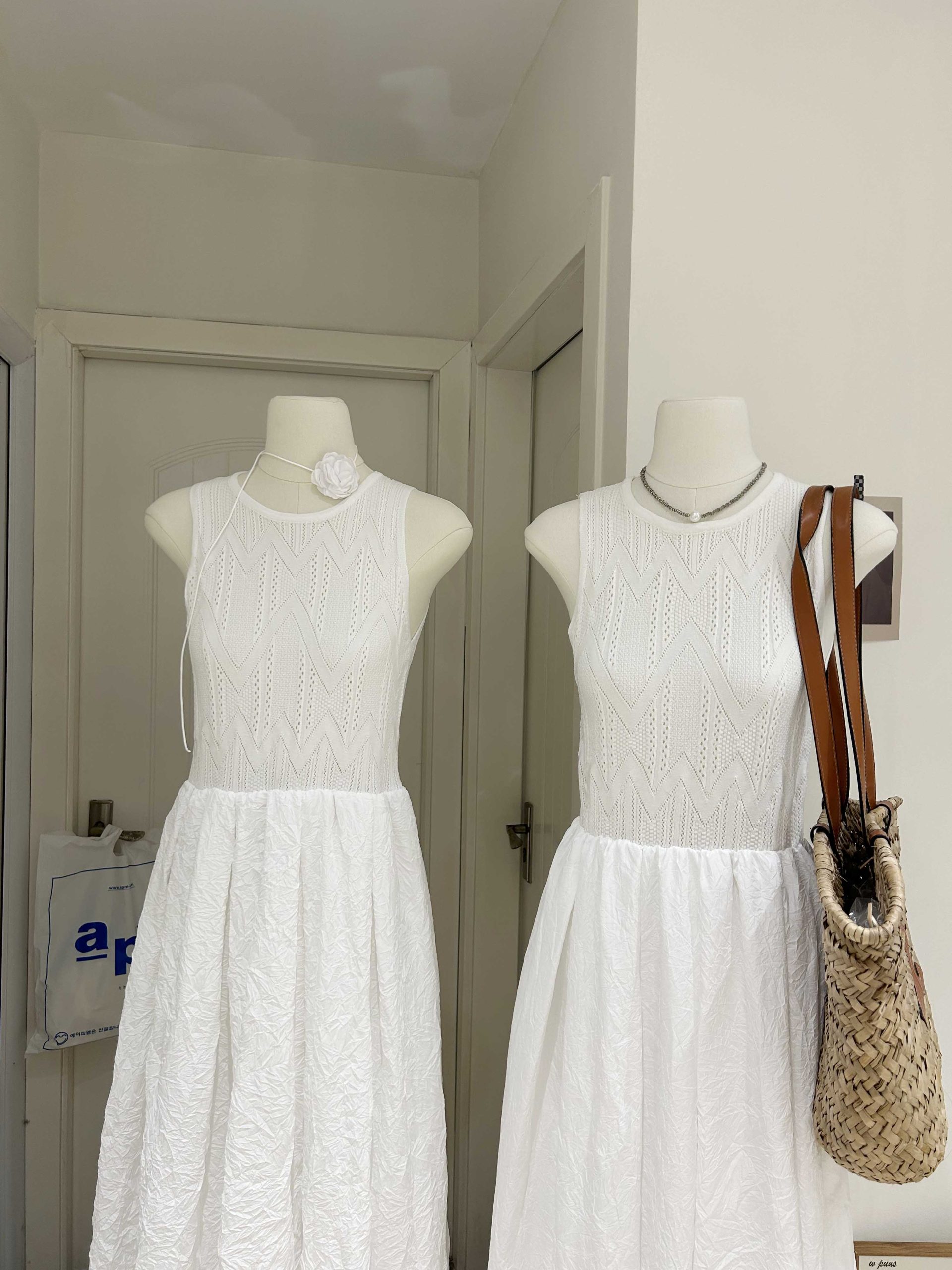 Knit Patchwork White Moonlight Dress with Blue Cardigan Set - Image 4