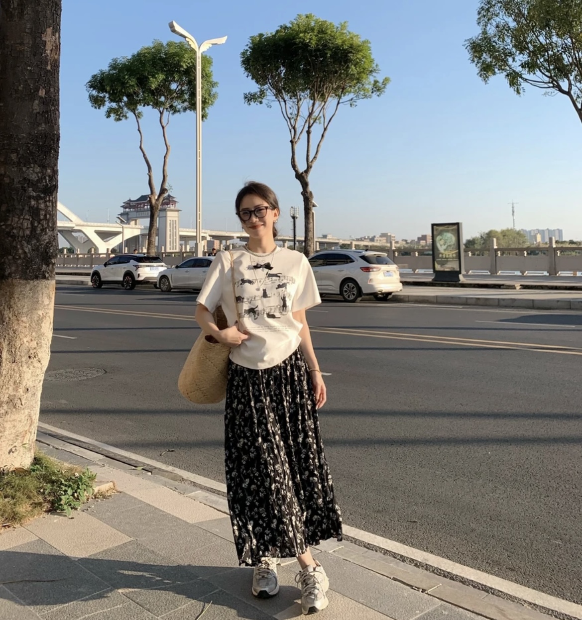 Music Letter Cat T-Shirt and Floral Skirt Set