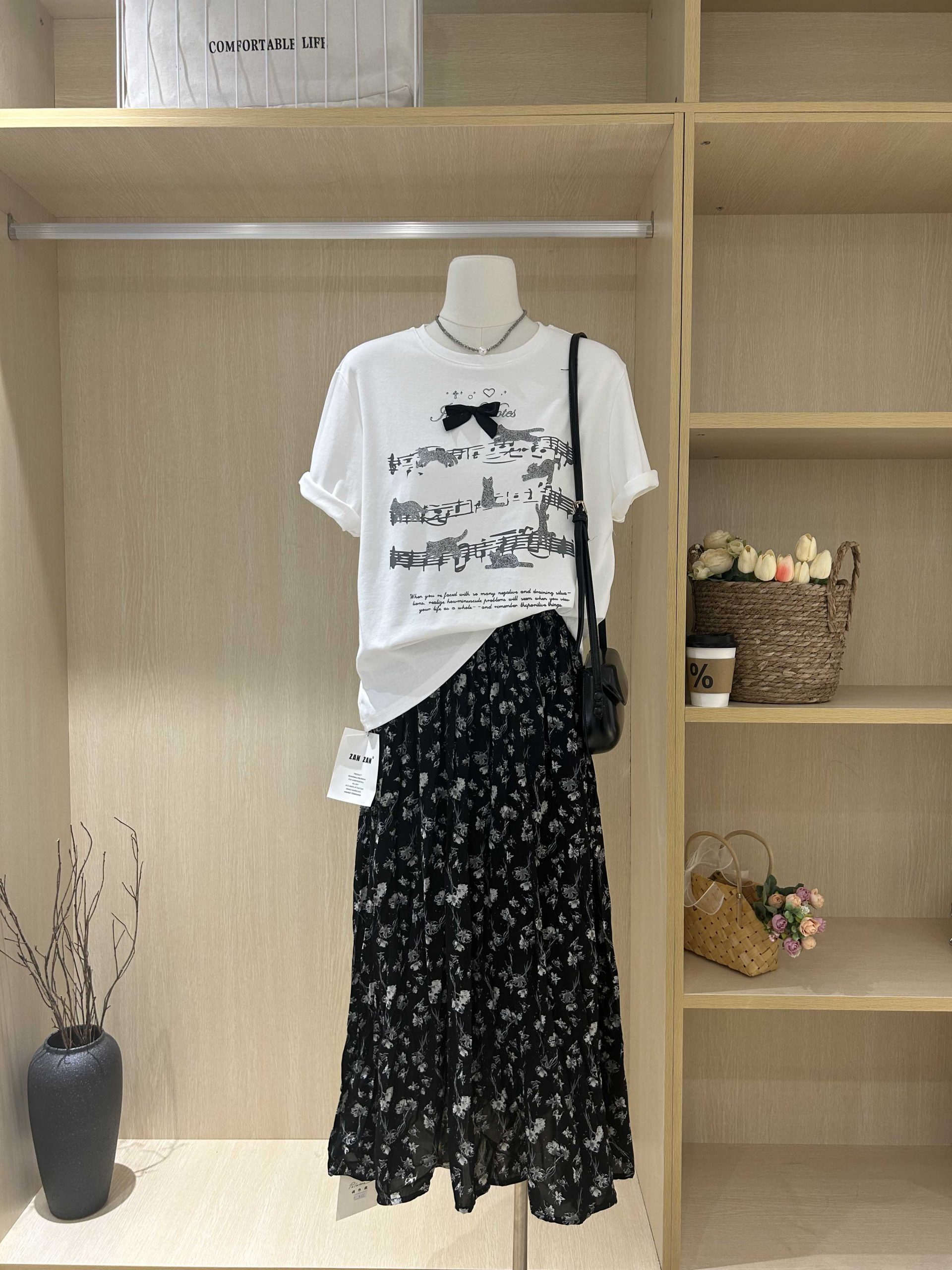 Music Letter Cat T-Shirt and Floral Skirt Set - Image 2