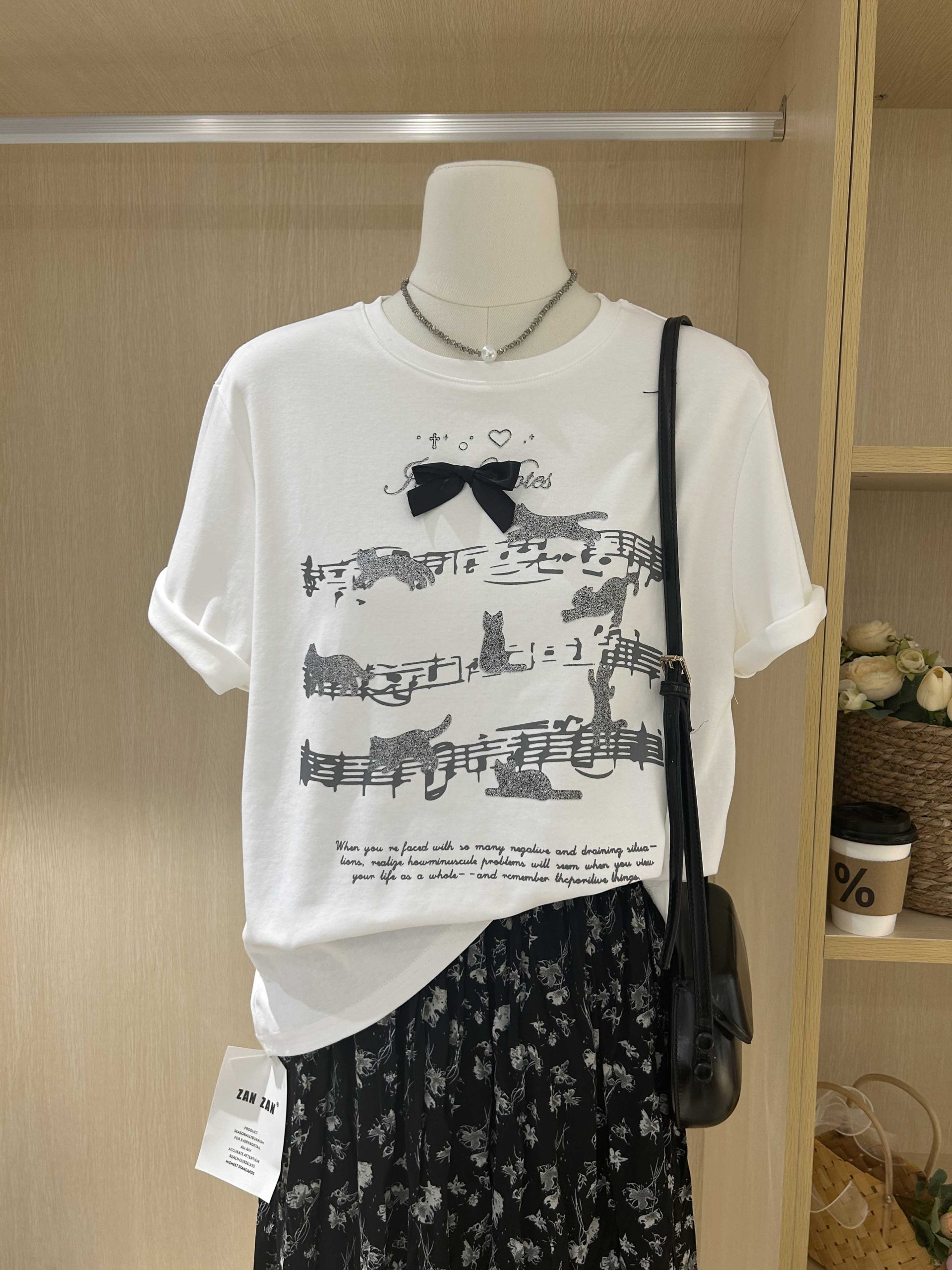 Music Letter Cat T-Shirt and Floral Skirt Set - Image 3