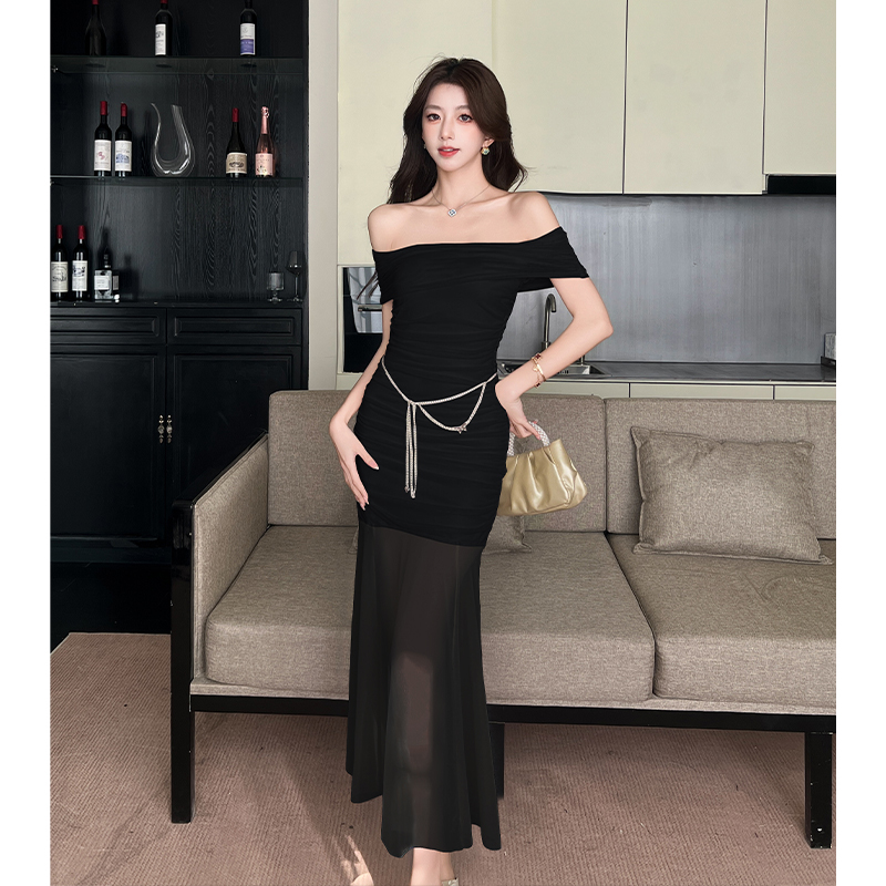 2025 Summer French Off-Shoulder Pleated Mesh Mermaid Dress for Women - Image 2