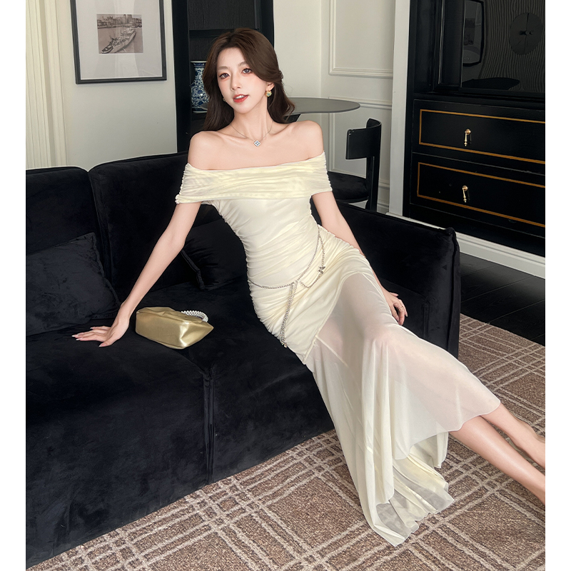 2025 Summer French Off-Shoulder Pleated Mesh Mermaid Dress for Women - Image 3