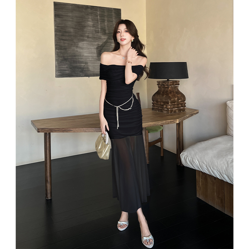 2025 Summer French Off-Shoulder Pleated Mesh Mermaid Dress for Women - Image 4