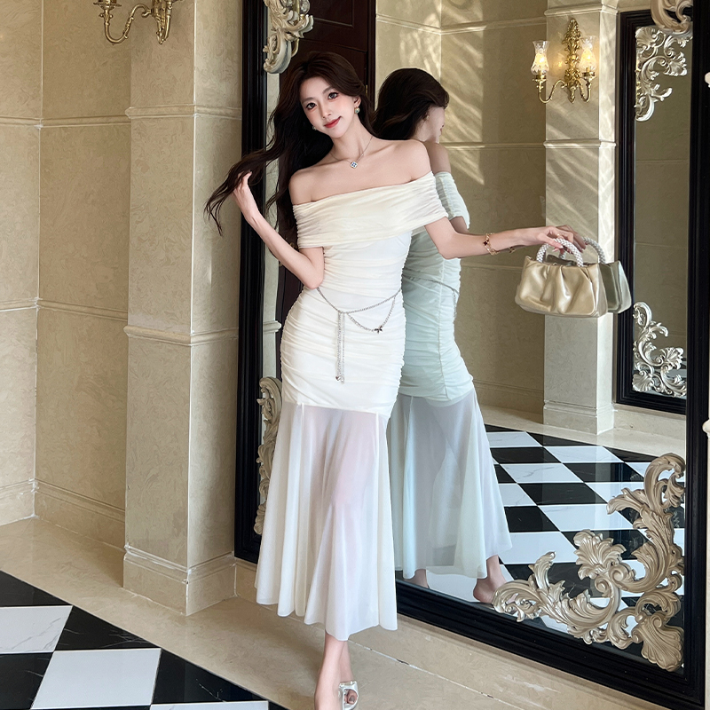 2025 Summer French Off-Shoulder Pleated Mesh Mermaid Dress for Women - Image 5