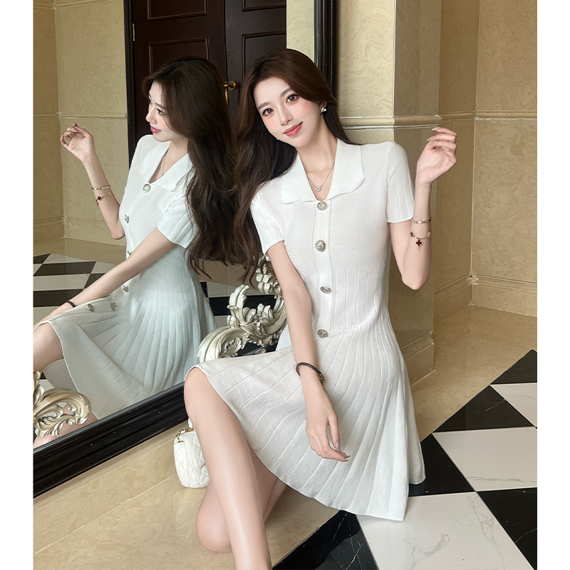 2025 Summer New Chanel-Style Polo Collar Slim Knit Dress A-Line Short Skirt French Hepburn Style Women Trendy