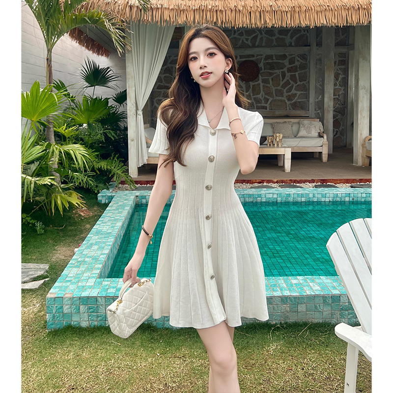 2025 Summer New Chanel-Style Polo Collar Slim Knit Dress A-Line Short Skirt French Hepburn Style Women Trendy - Image 3