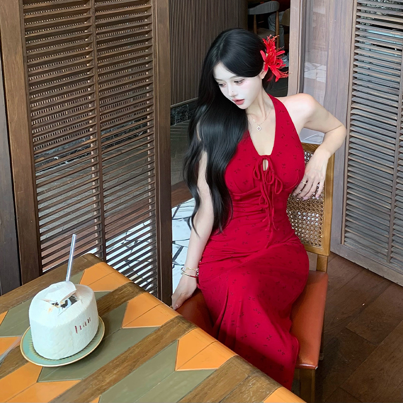 2025 Summer Red Halter Neck Dress Women V Neck Sleeveless Open Back Slim Waist Floral Knit Long Dress - Image 2