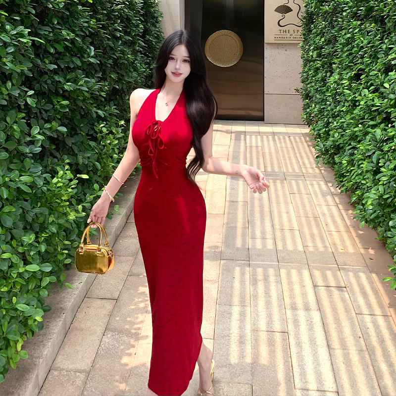 2025 Summer Red Halter Neck Dress Women V Neck Sleeveless Open Back Slim Waist Floral Knit Long Dress - Image 5