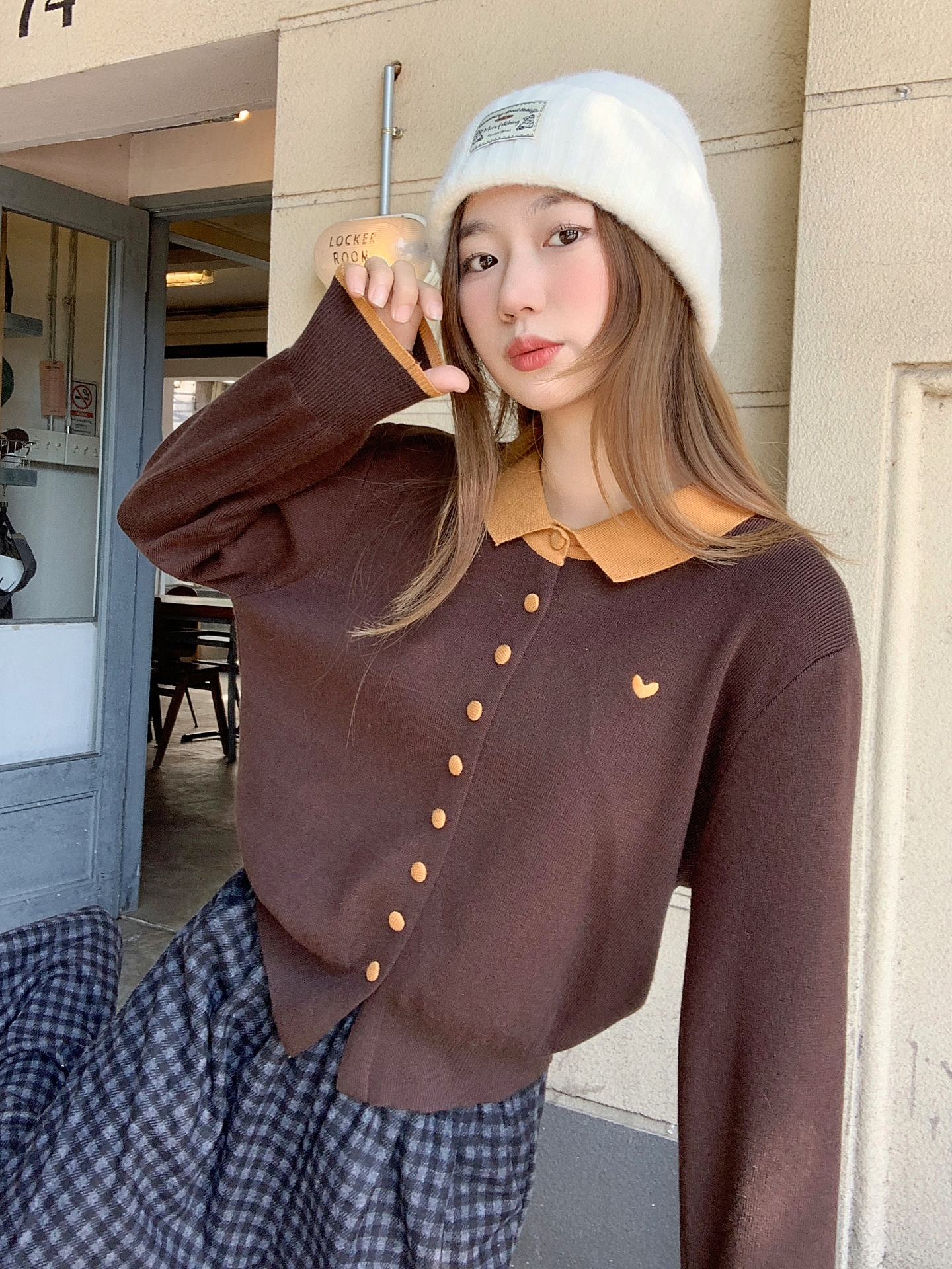 Korean Contrast Color Polo Collar Heart Embroidered Knit Cardigan Women Winter Casual Sweater