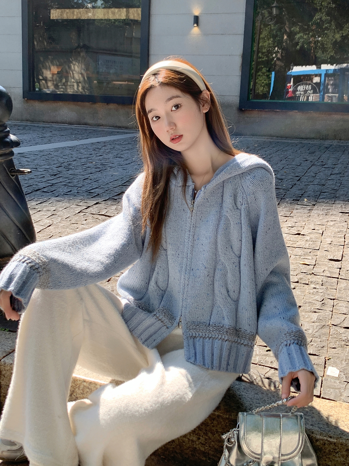 Korean Color Block Thick Zip Hooded Sweater Women Winter Lazy High-End Loose Soft Knit Cardigan Jacket