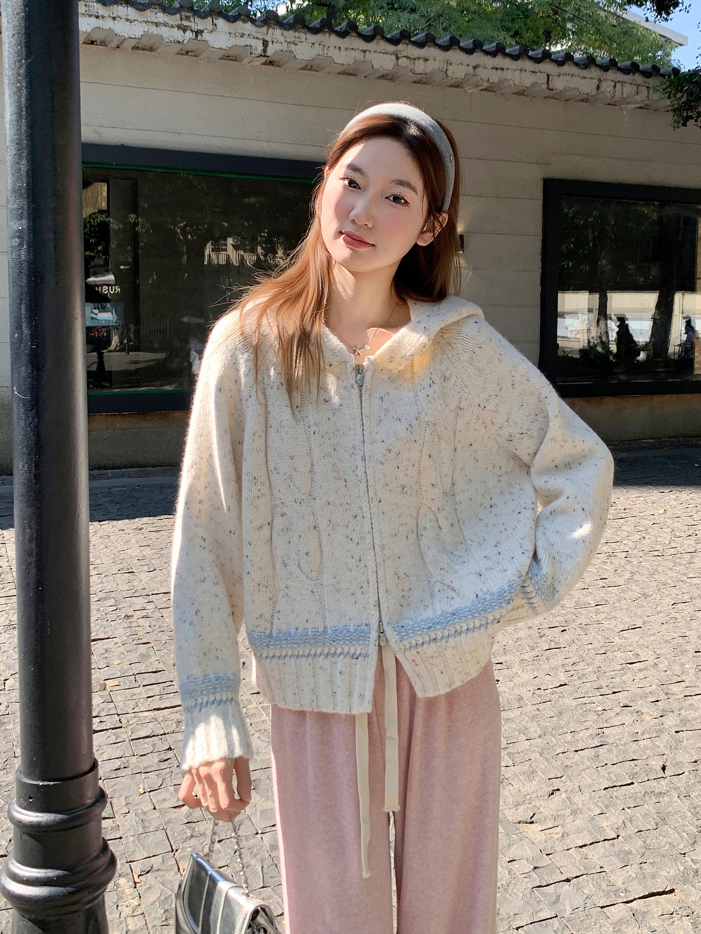 Women's Color Block Hooded Double Zip Knit Cardigan Winter Thick Cable Sweater