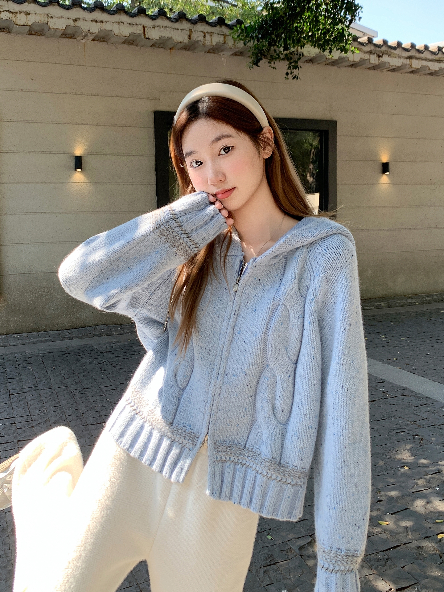 Women's Color Block Hooded Double Zip Knit Cardigan Winter Thick Cable Sweater - Image 4