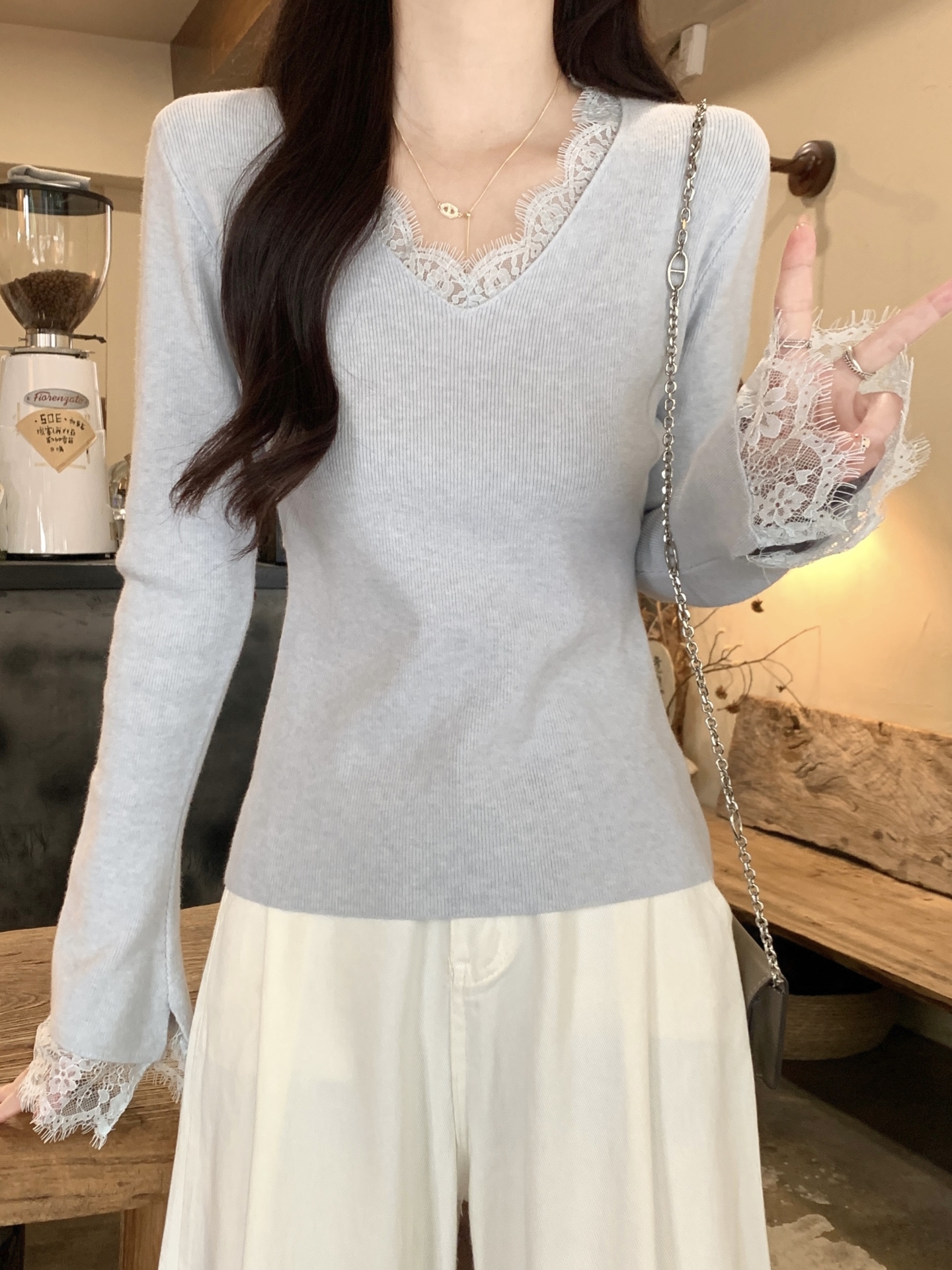 Women's V-Neck Lace Trim Knit Sweater Winter Slimming Soft Inner Top - Image 2