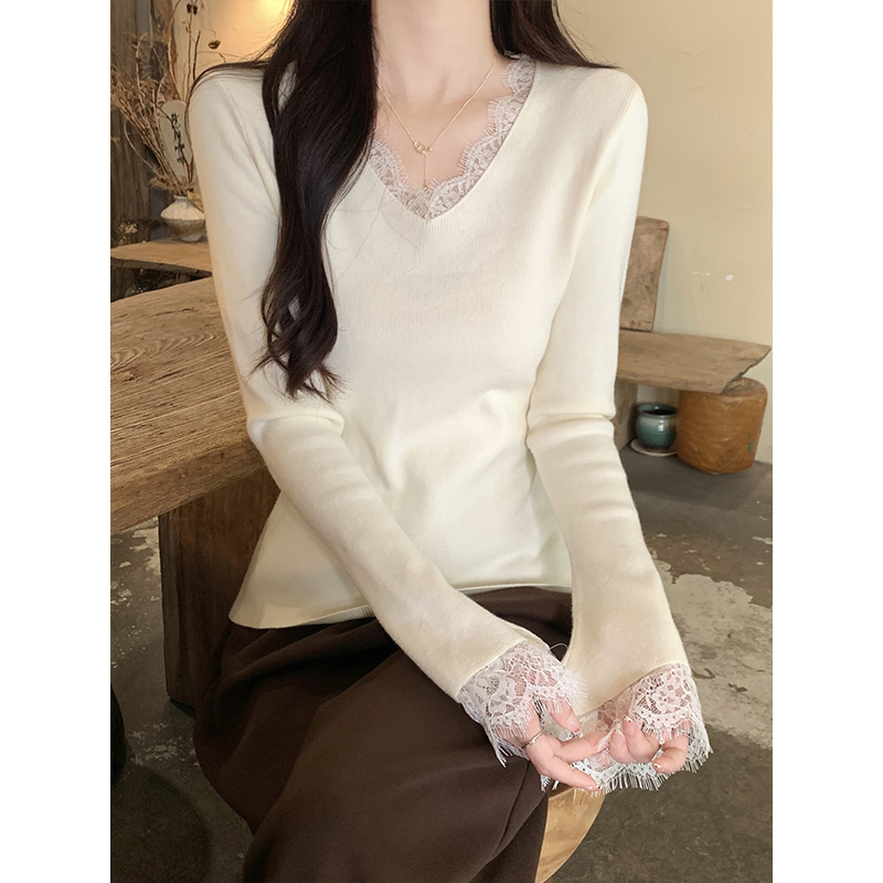 Women's V-Neck Lace Trim Knit Sweater Winter Slimming Soft Inner Top - Image 5