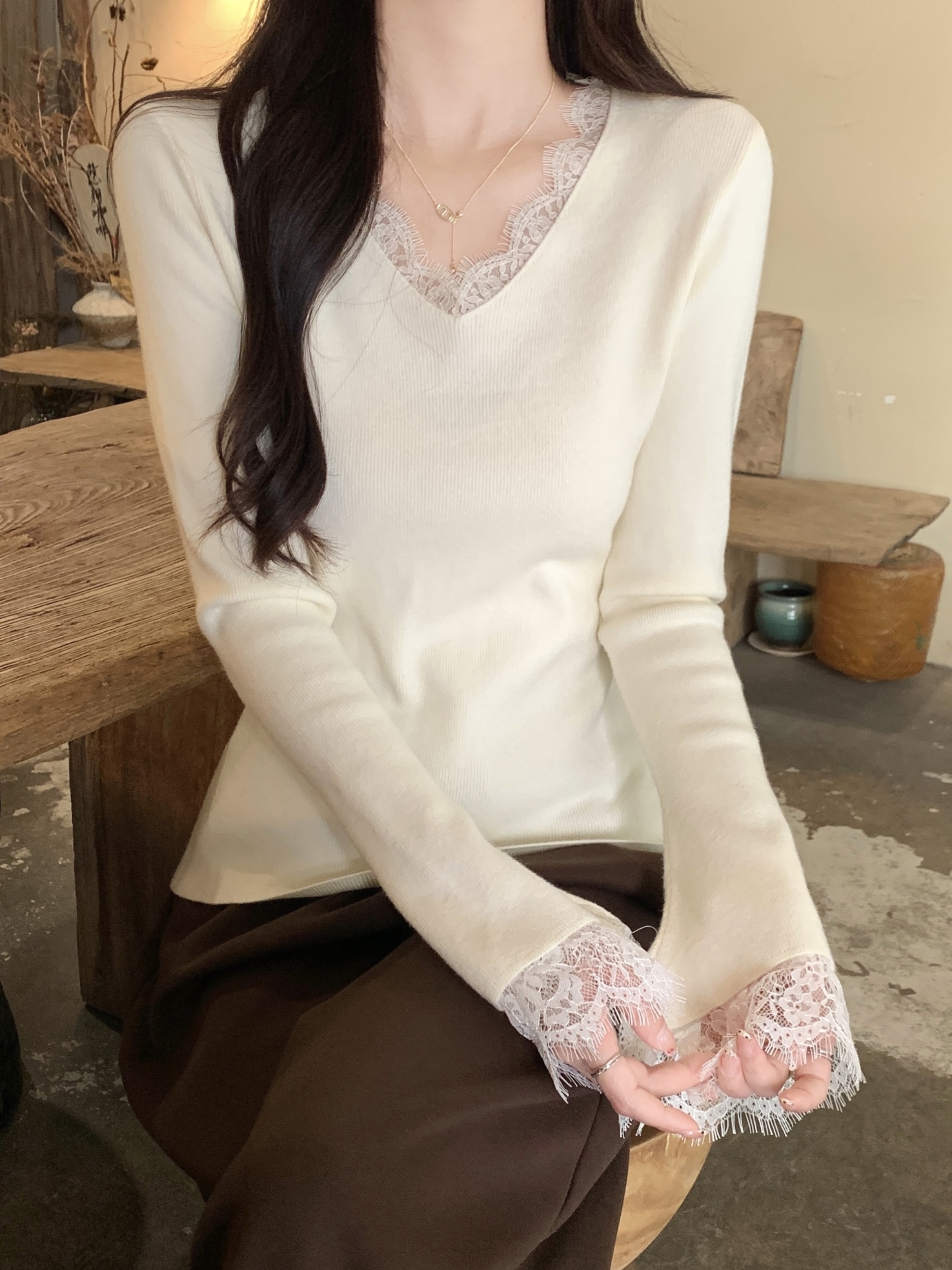 Women's Lace Panel Knit Sweater Winter Slim Fit Pullover Top - Image 2