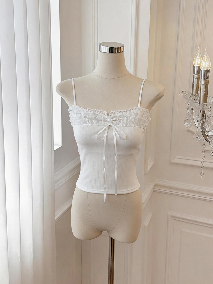 White Lace Trim Camisole Tank Top with Bra Pad Women Sleeveless Inner Wear