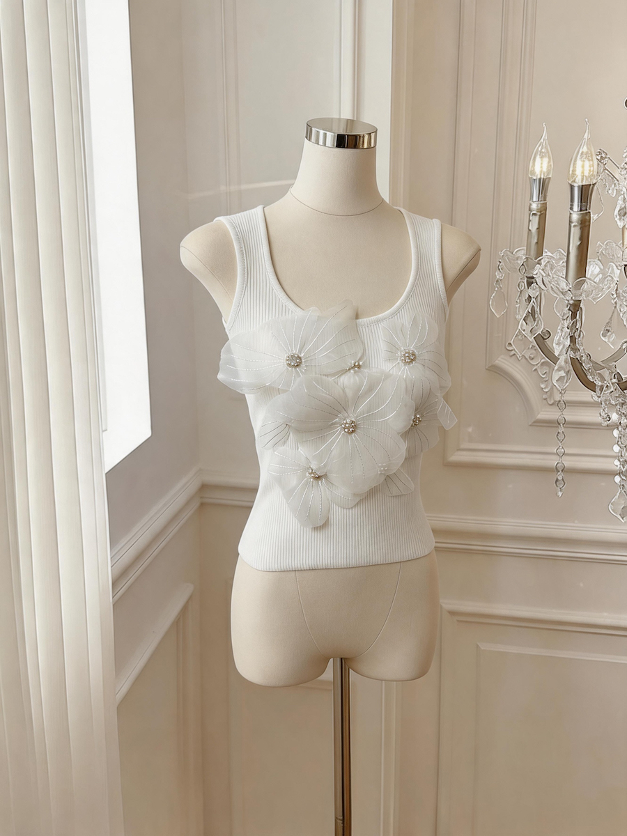 French Sweet 3D Floral Beaded Camisole Slim Backless Ice Silk Sleeveless Top - Style 76b6f6 - Image 2