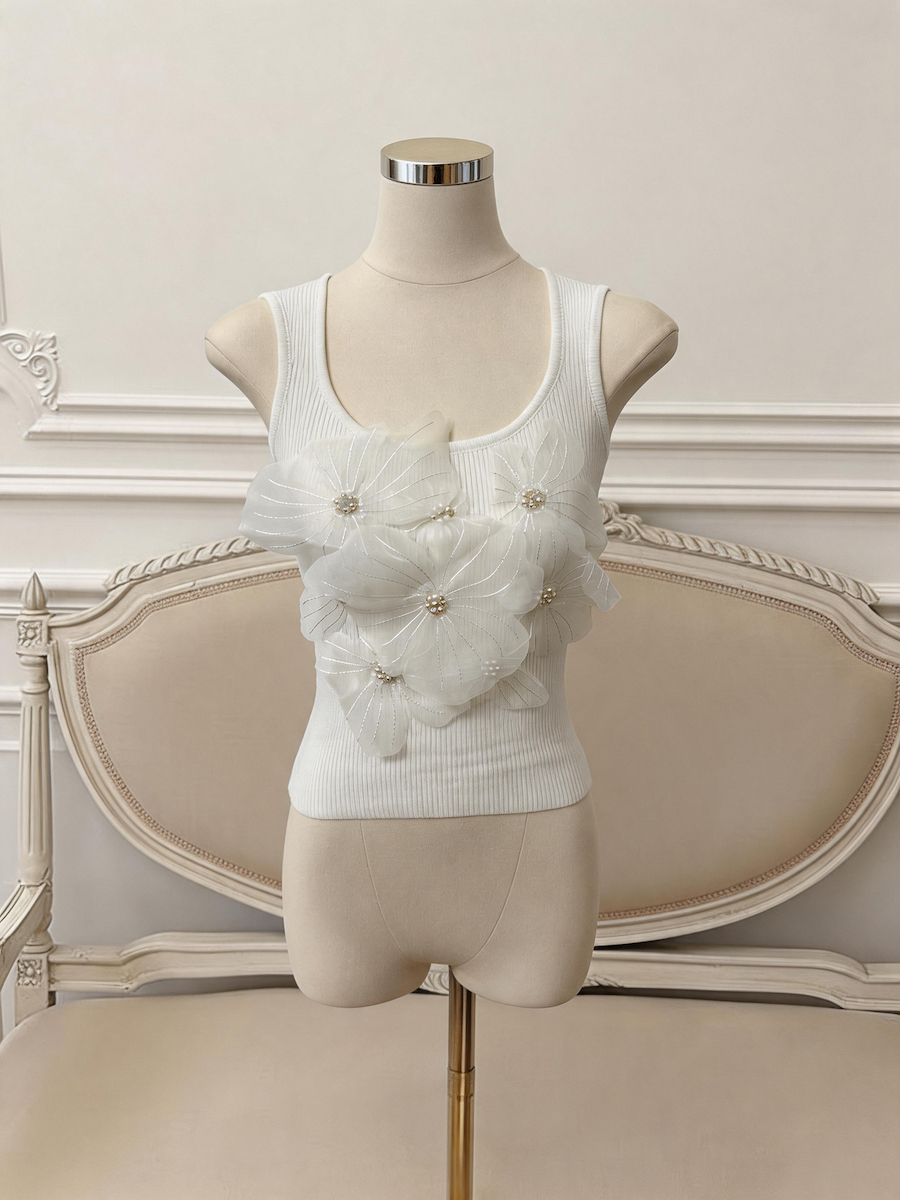 French Sweet 3D Floral Beaded Camisole Slim Backless Ice Silk Sleeveless Top - Style 76b6f6 - Image 4