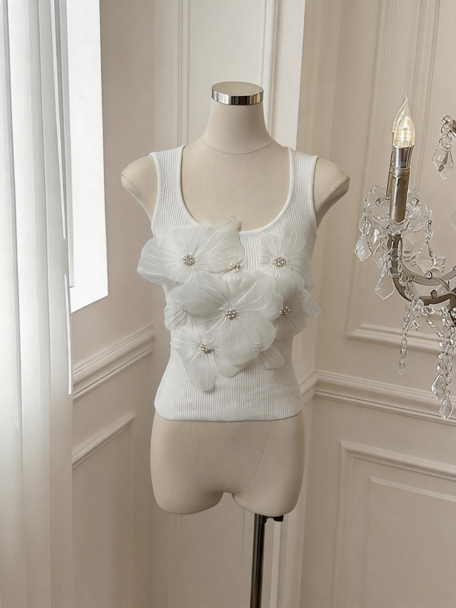 French Sweet 3D Floral Beaded Camisole Slim Backless Ice Silk Sleeveless Top - Style 76b6f6