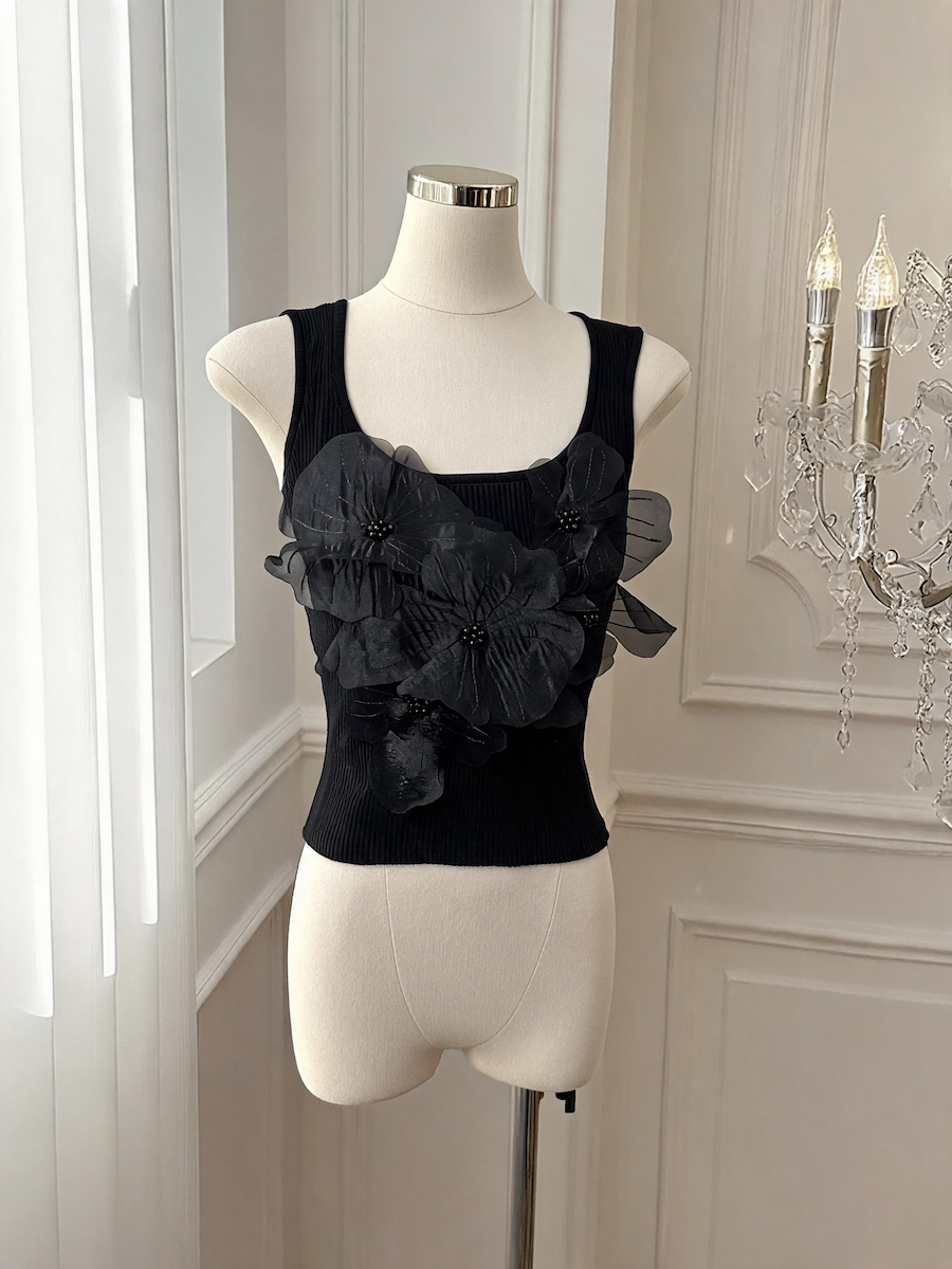 French Sweet 3D Floral Beaded Camisole Slim Backless Ice Silk Sleeveless Top - Style 76b6f6 - Image 3
