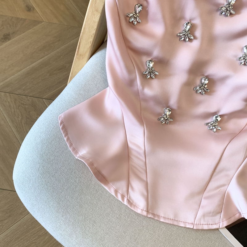 Women's Sexy Beaded Rhinestone Bow Ruched Camisole Tank Top Summer - Image 2