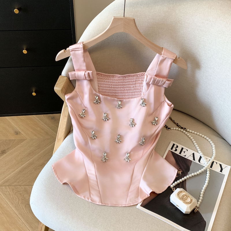 Women's Sexy Beaded Rhinestone Bow Ruched Camisole Tank Top Summer