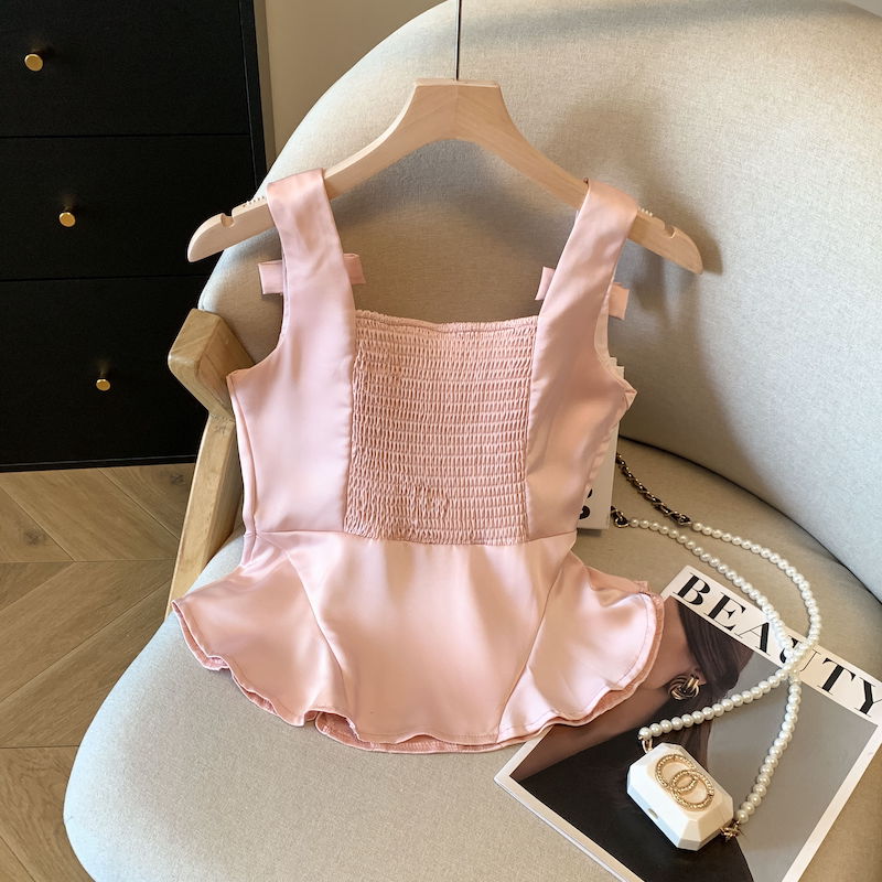 Women's Sexy Beaded Rhinestone Bow Ruched Camisole Tank Top Summer - Image 5