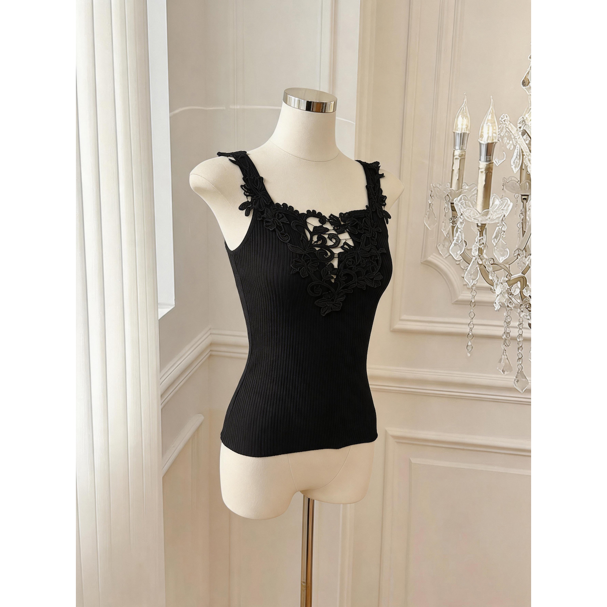 Black Camellia Colorblock Embroidered One-Shoulder Cami Top for Women - Image 5