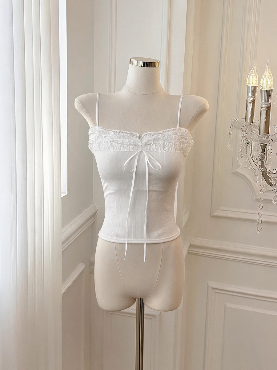 White Lace Trim Camisole Tank Top with Bra Pads Women Sleeveless Base Layer - Image 2