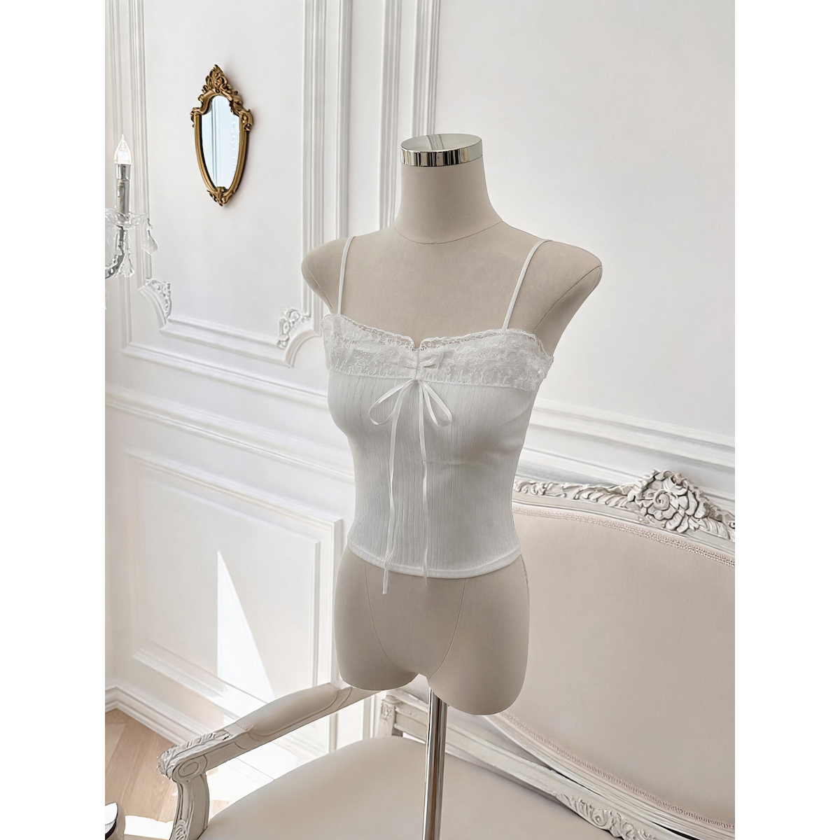 White Lace Trim Camisole Tank Top with Bra Pads Women Sleeveless Base Layer - Image 5
