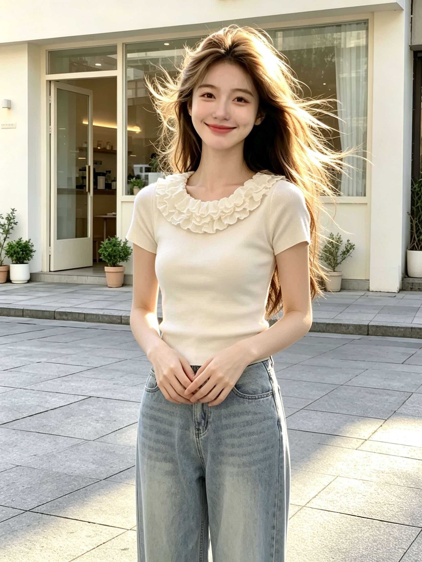 Women's White Ruffle Trim Round Neck Slim Fit Short Sleeve T-Shirt 2026 Summer - Image 4