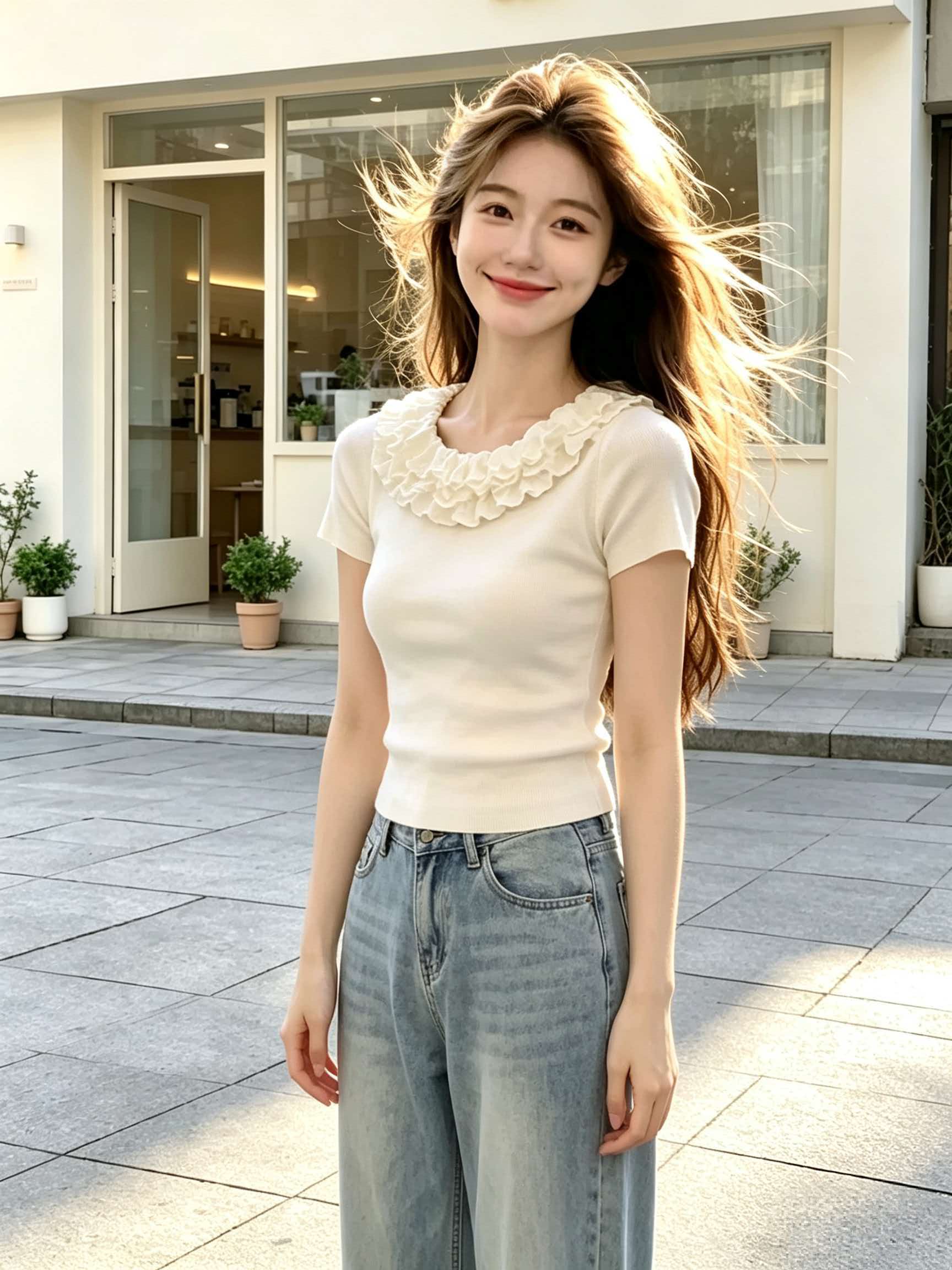 Women's White Ruffle Trim Round Neck Slim Fit Short Sleeve T-Shirt 2026 Summer