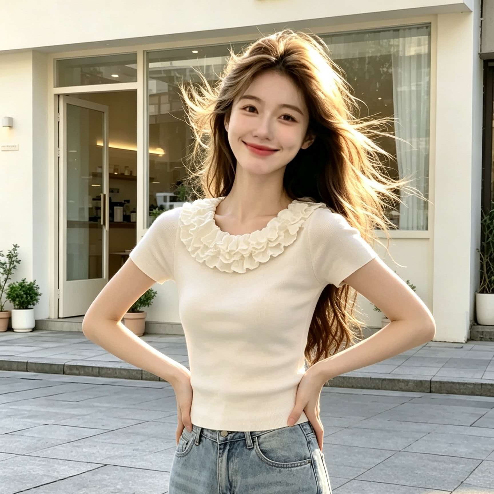 Women's White Ruffle Trim Round Neck Slim Fit Short Sleeve T-Shirt 2026 Summer - Image 5