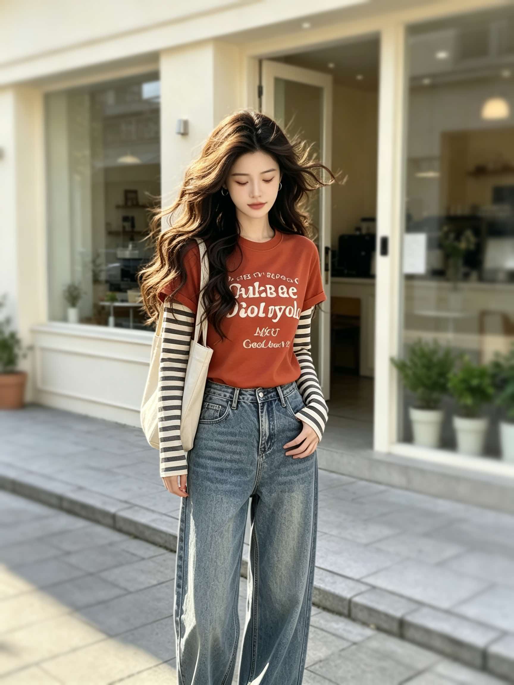 Women's Red Letter Print Faux Two-Piece T-Shirt Early Autumn Casual Top - Image 4