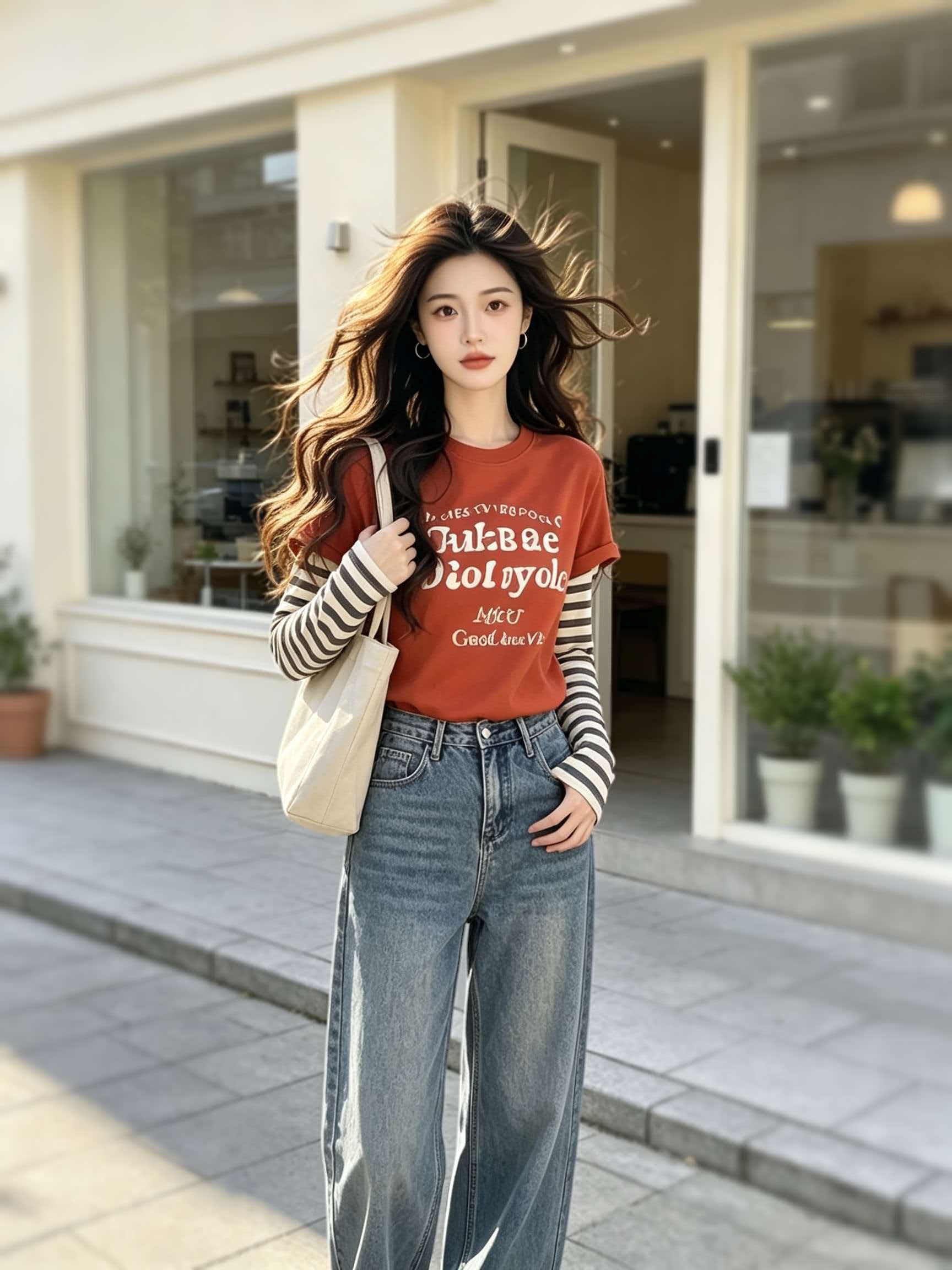 Women's Red Letter Print Faux Two-Piece T-Shirt Early Autumn Casual Top