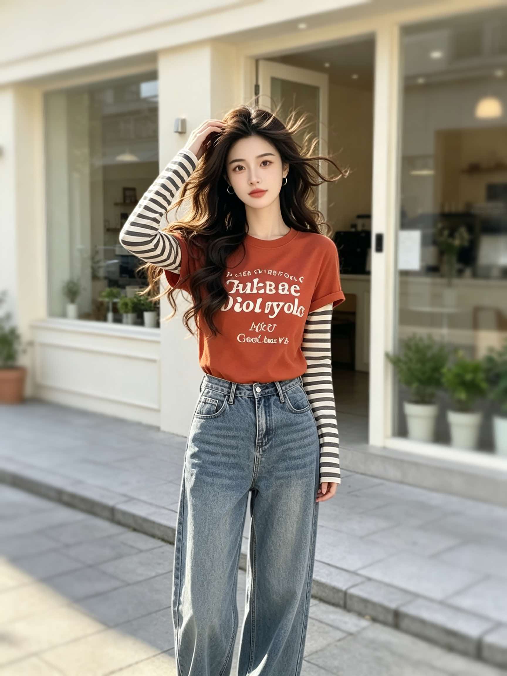 Women's Red Letter Print Faux Two-Piece T-Shirt Early Autumn Casual Top - Image 3