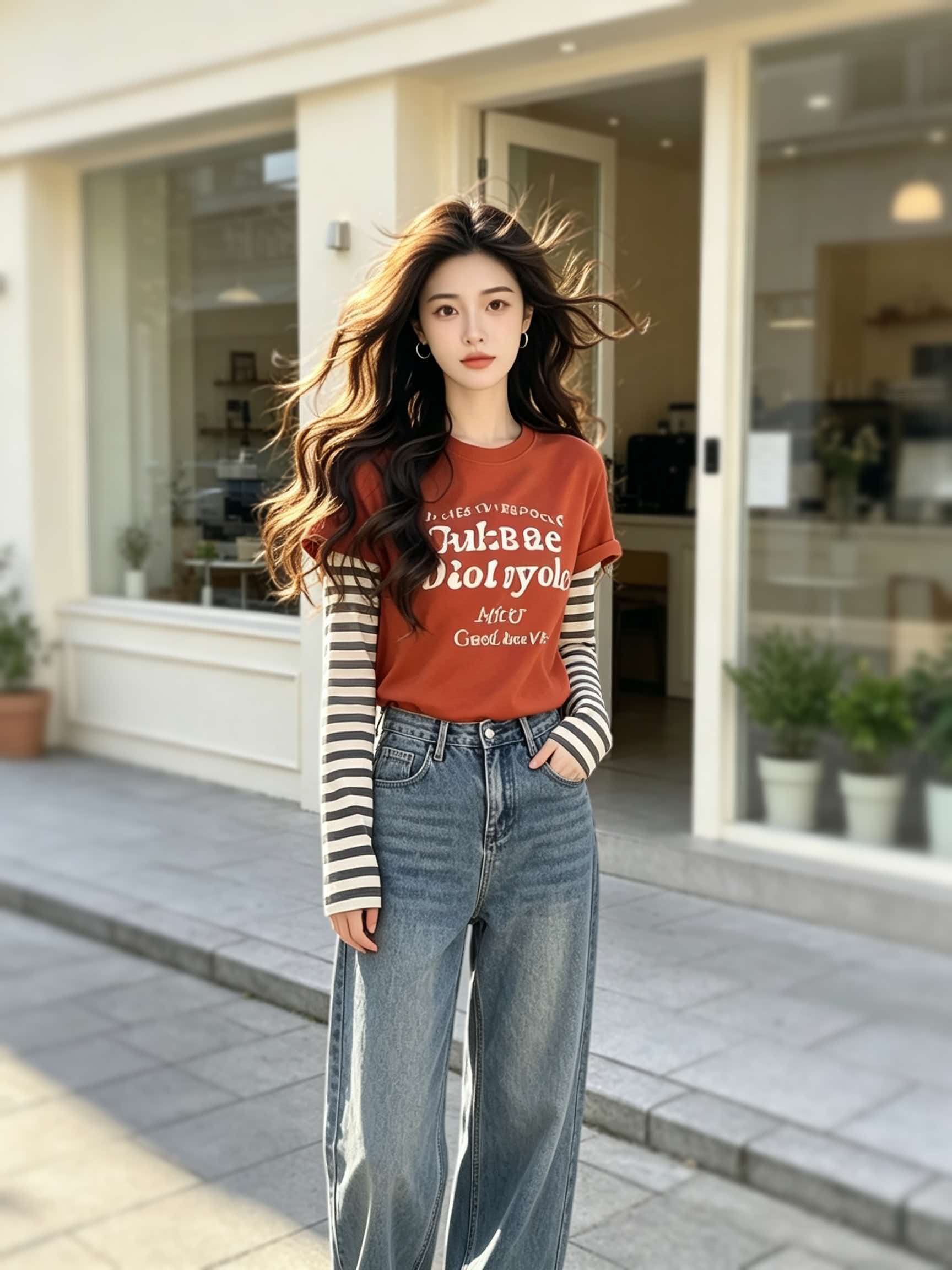 Women's Red Letter Print Faux Two-Piece T-Shirt Early Autumn Casual Top - Image 2