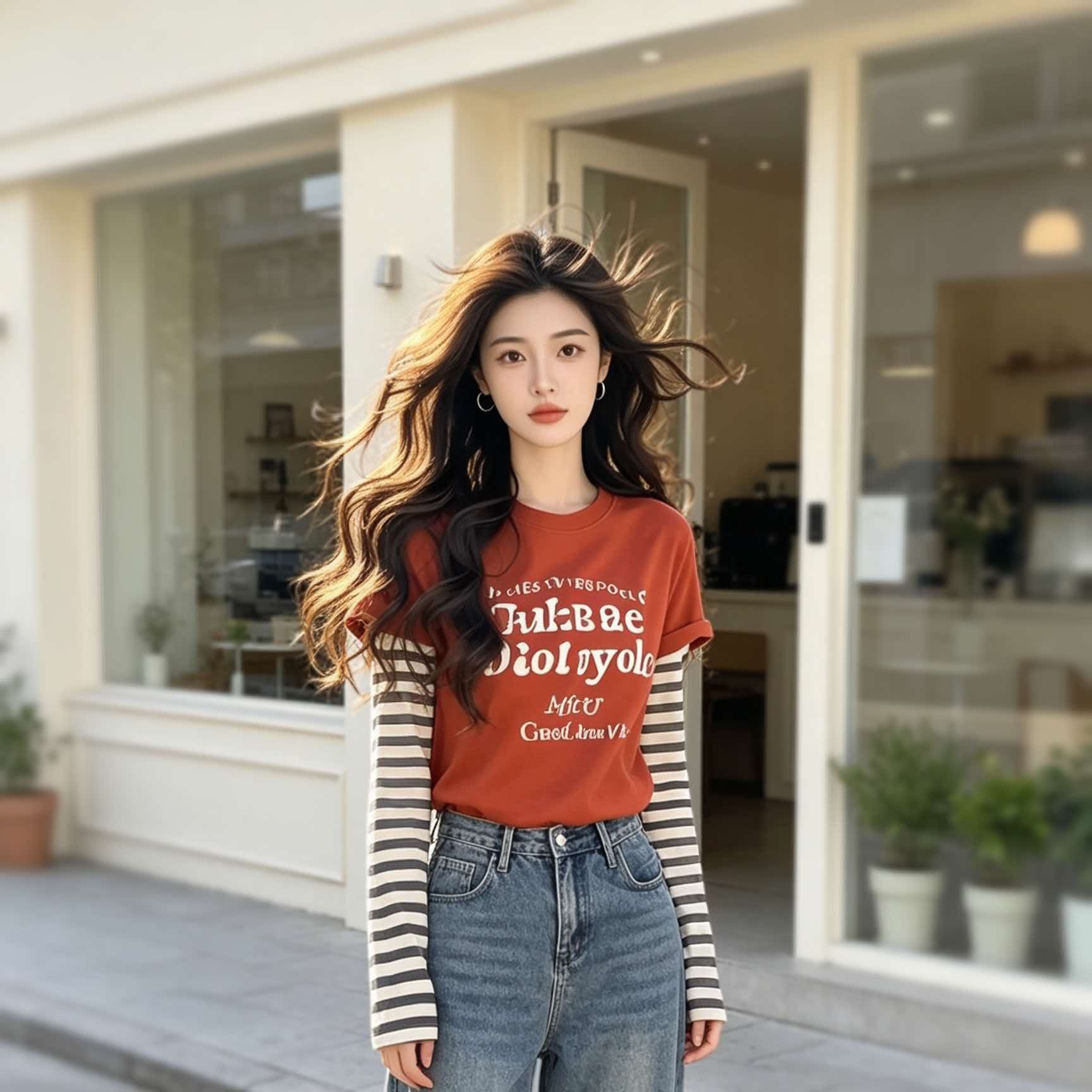 Women's Red Letter Print Faux Two-Piece T-Shirt Early Autumn Casual Top - Image 5