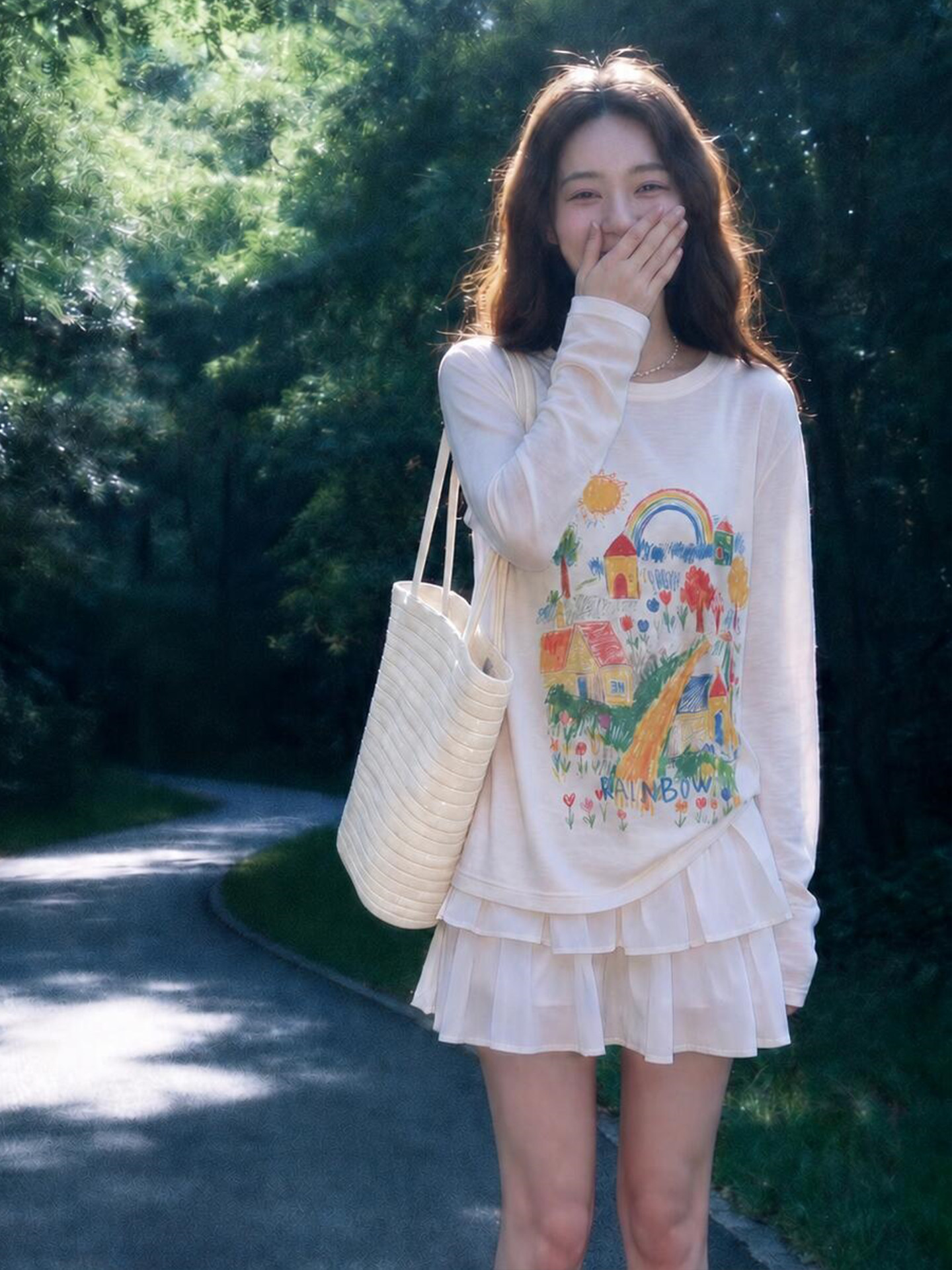 Women's White Loose Print Long Sleeve Crew Neck T-Shirt 2026 Summer Casual Top - Style 2c3f67 - Image 3