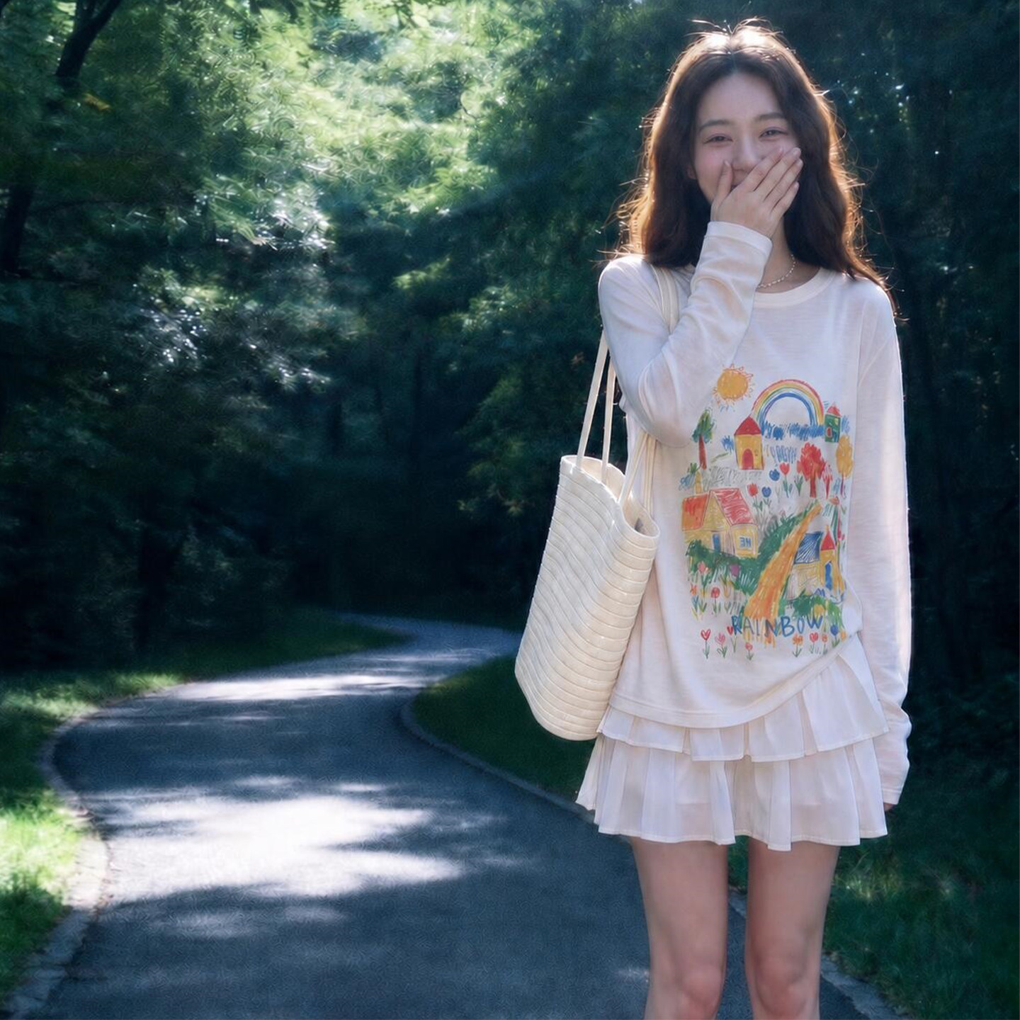 Women's White Loose Print Long Sleeve Crew Neck T-Shirt 2026 Summer Casual Top - Style 2c3f67