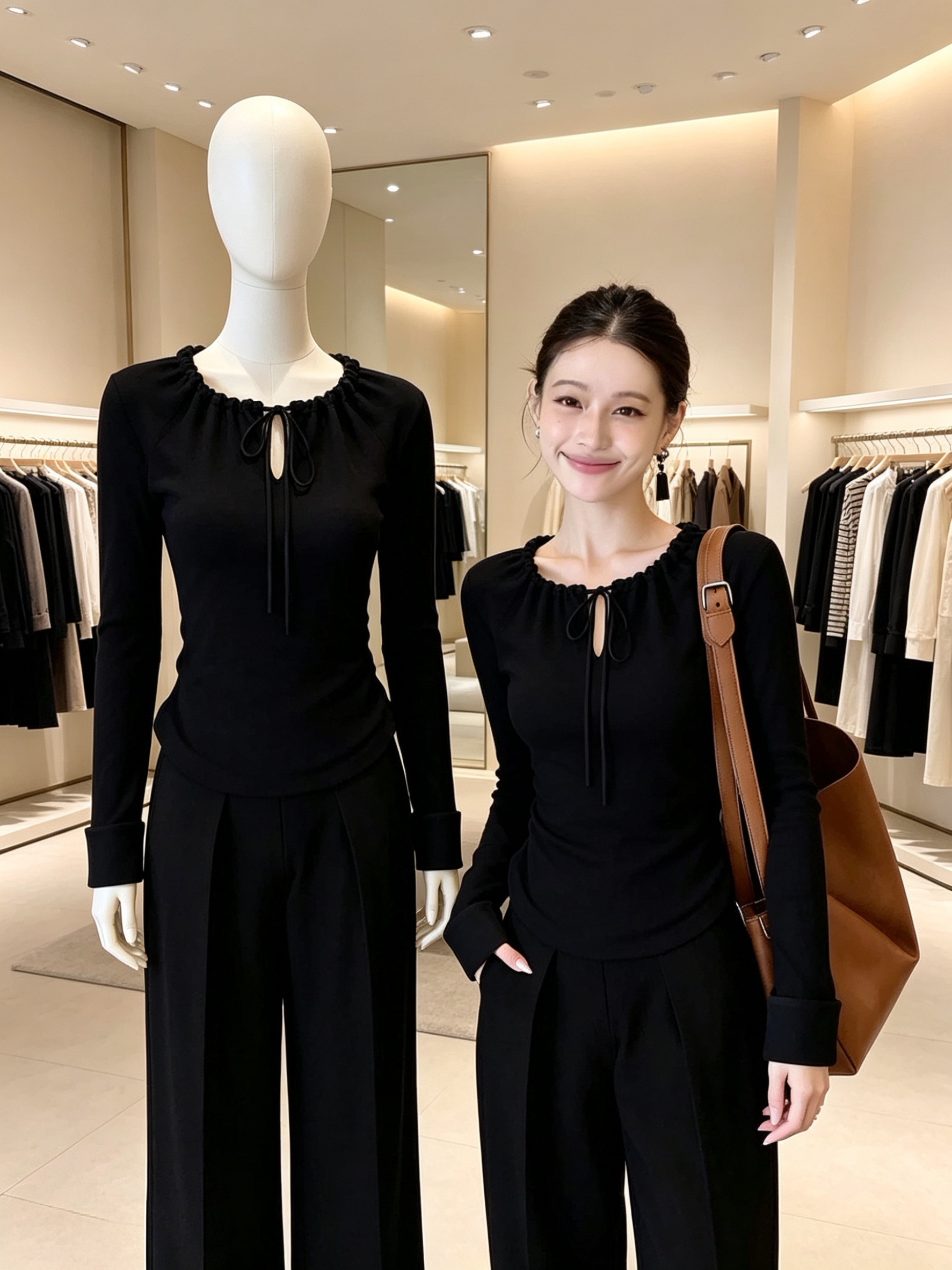 2026 Autumn Black Lace-Up Long Sleeve Women's Slim Fit Top - Image 4