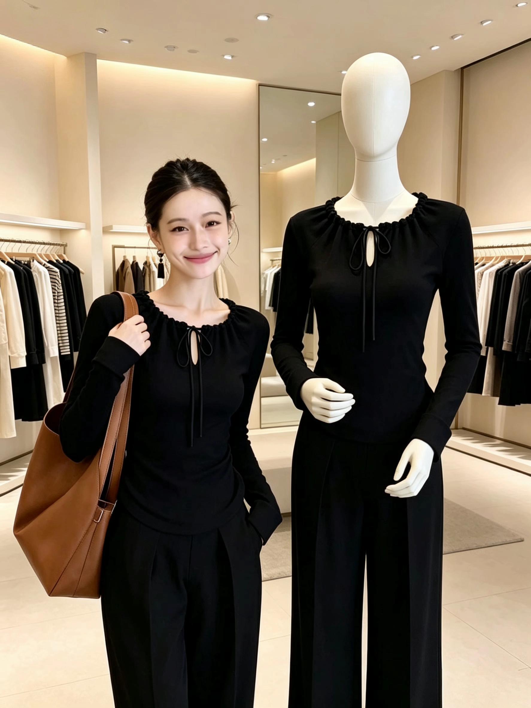 2026 Autumn Black Lace-Up Long Sleeve Women's Slim Fit Top