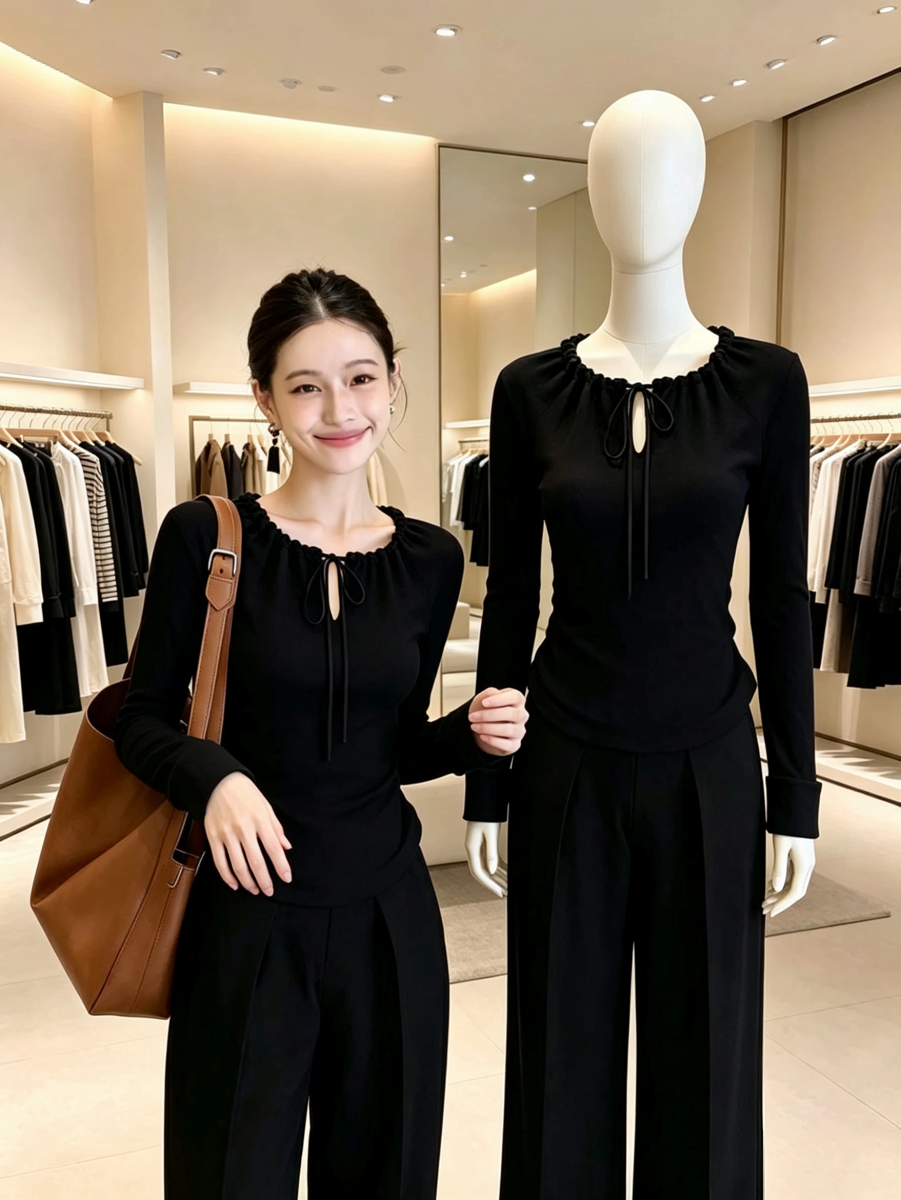 2026 Autumn Black Lace-Up Long Sleeve Women's Slim Fit Top - Image 3