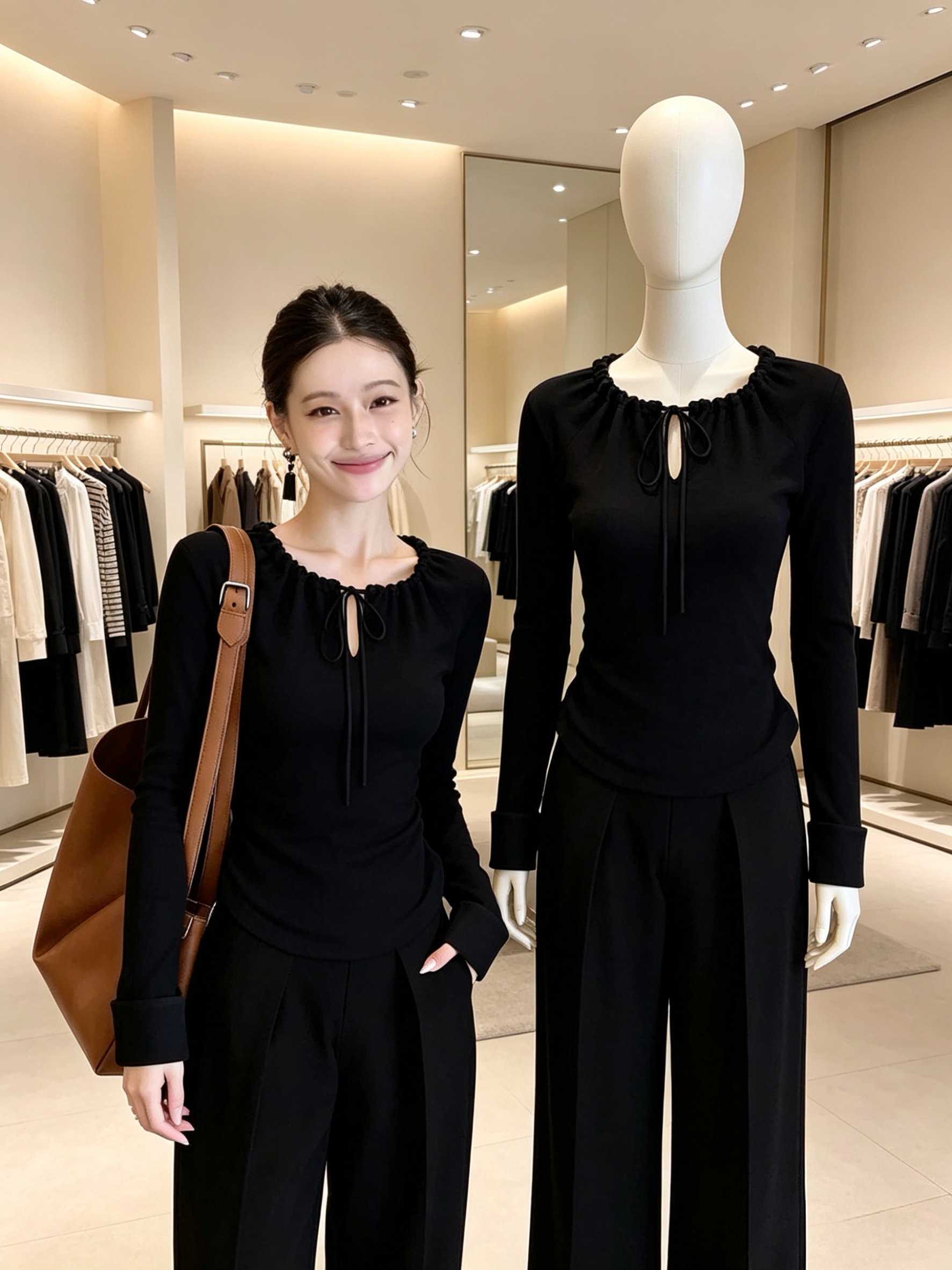 2026 Autumn Black Lace-Up Long Sleeve Women's Slim Fit Top - Image 2