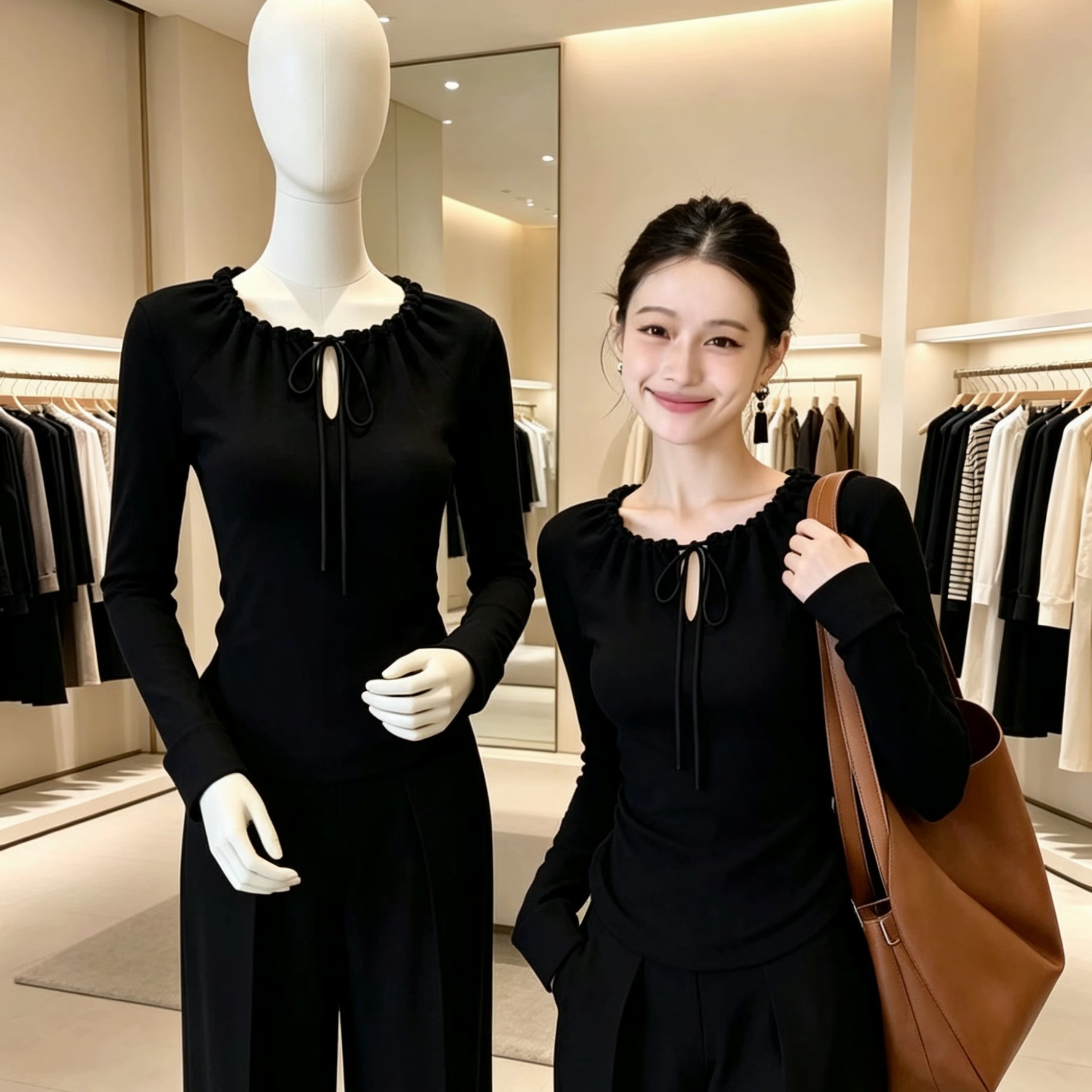 2026 Autumn Black Lace-Up Long Sleeve Women's Slim Fit Top - Image 5