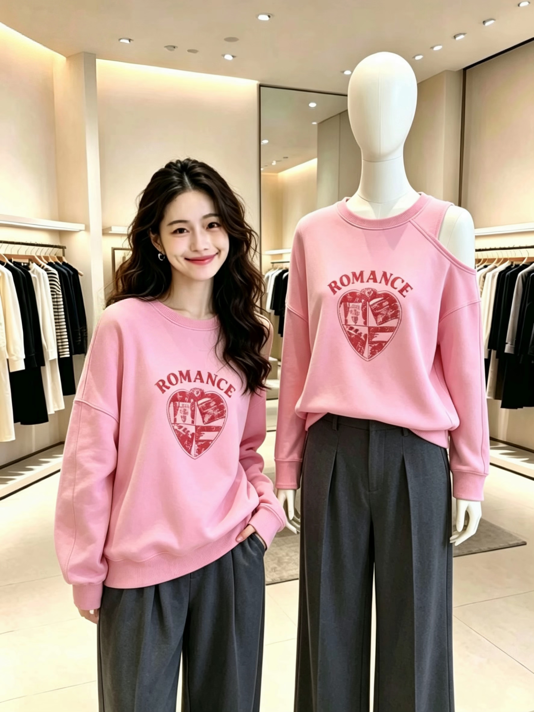Sweet Pink Off-Shoulder Printed Long-Sleeve T-Shirt for Women