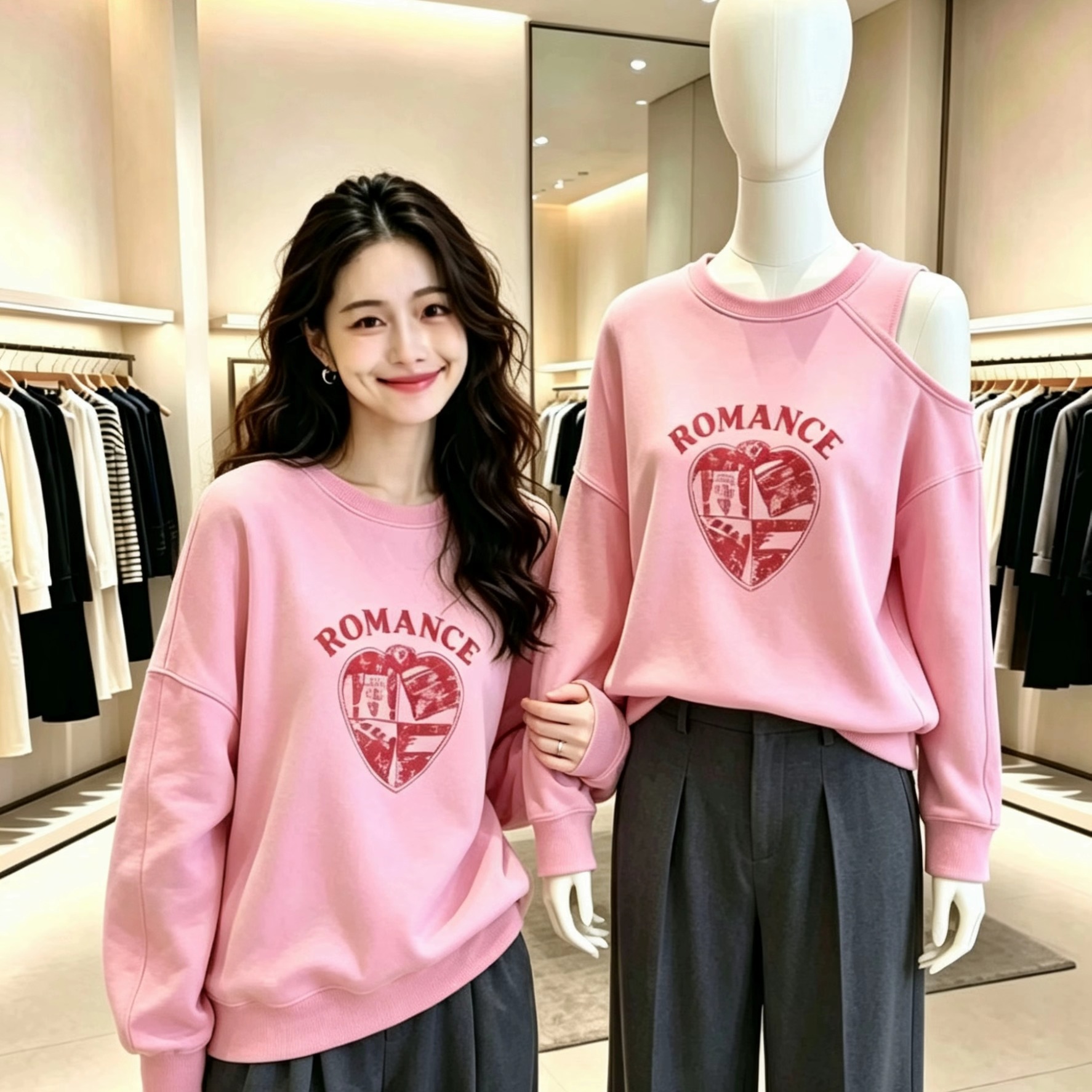 Sweet Pink Off-Shoulder Printed Long-Sleeve T-Shirt for Women - Image 5