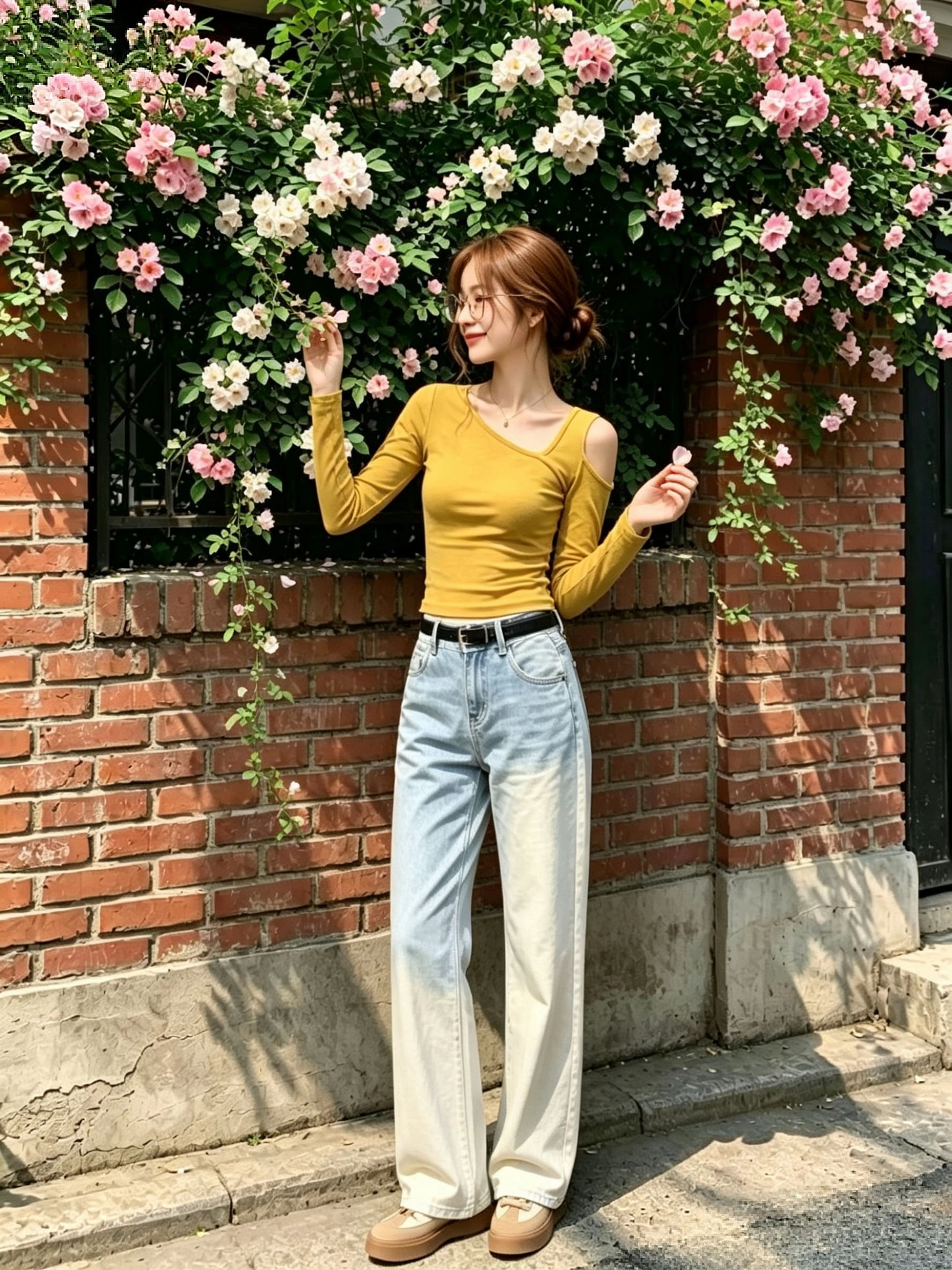 Women's Yellow Off-Shoulder Slim Long-Sleeve T-Shirt - Niche Design - Image 3