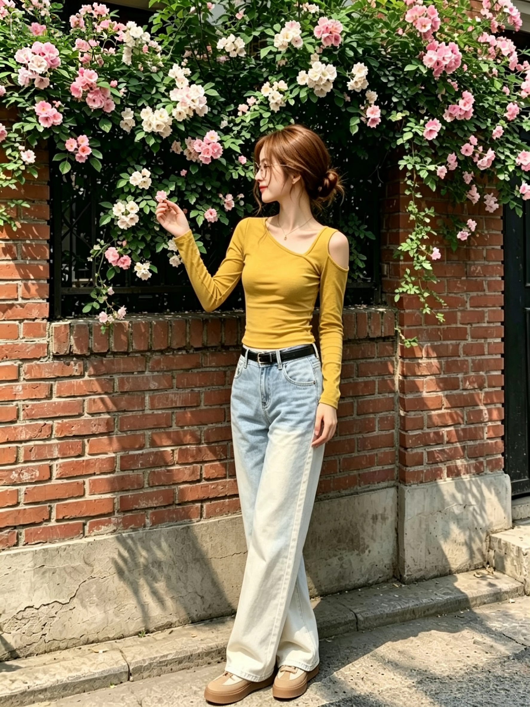Women's Yellow Off-Shoulder Slim Long-Sleeve T-Shirt - Niche Design - Image 2
